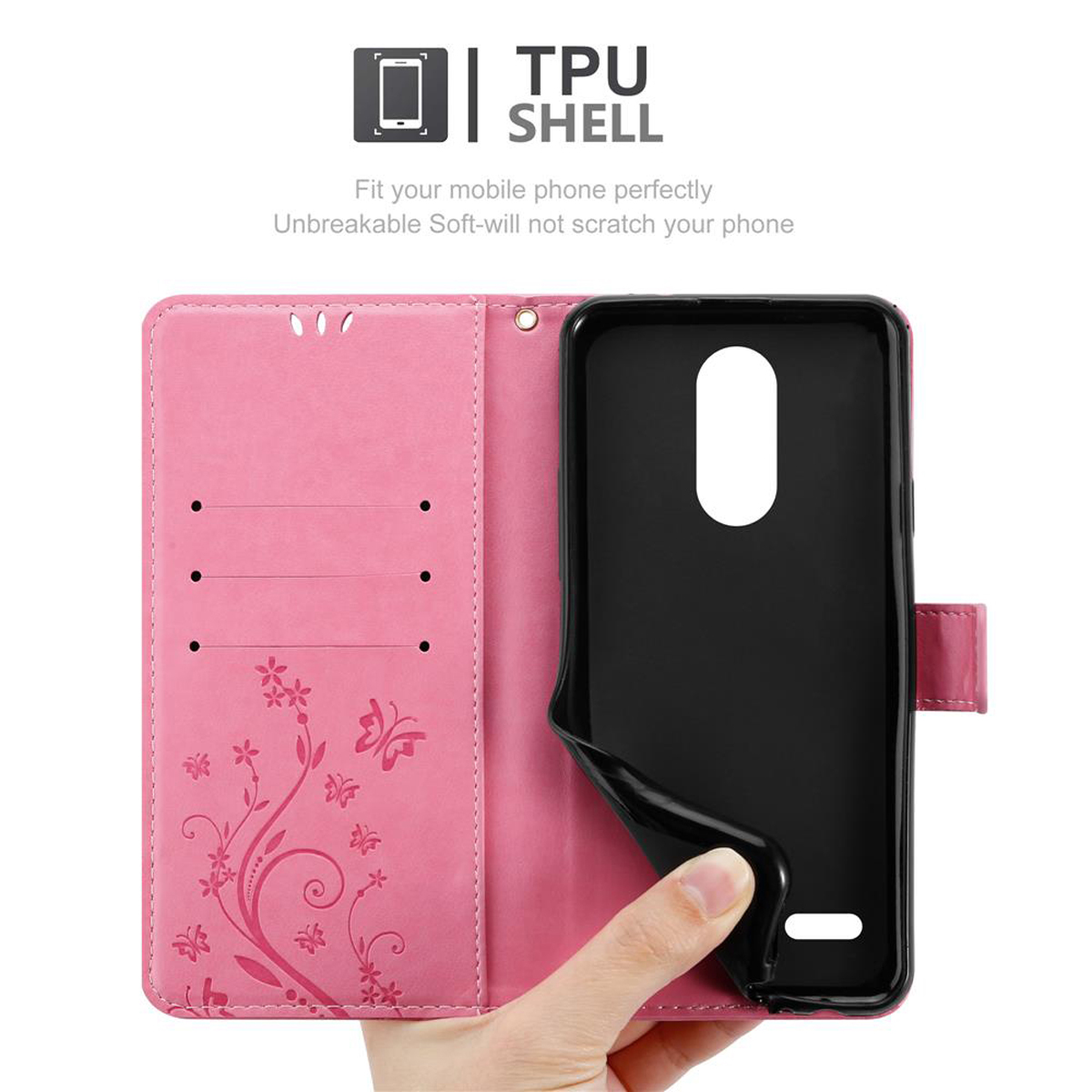 Custodia per telefono rosa, aperta, che mostra il telefono all'interno. Design floreale a sinistra. Mano che tiene la custodia.