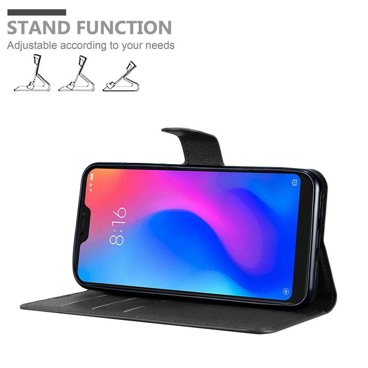 Custodia nera in posizione stand. Telefono visibile con ora sullo schermo. La funzione stand è in primo piano.