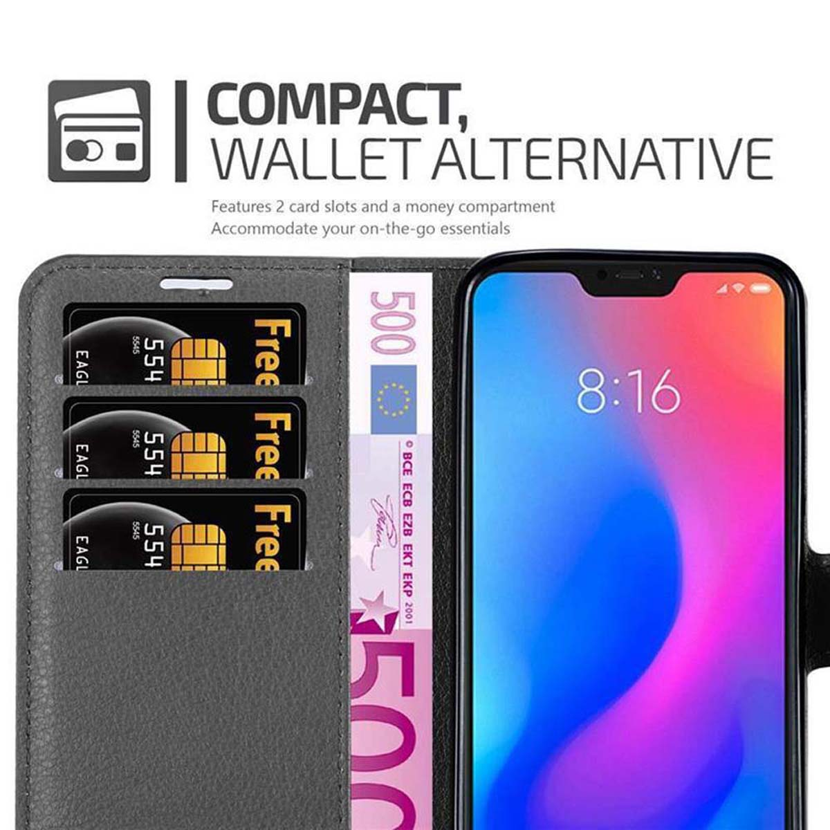 Custodia grigia aperta con un telefono che mostra uno schermo colorato, carte e denaro.