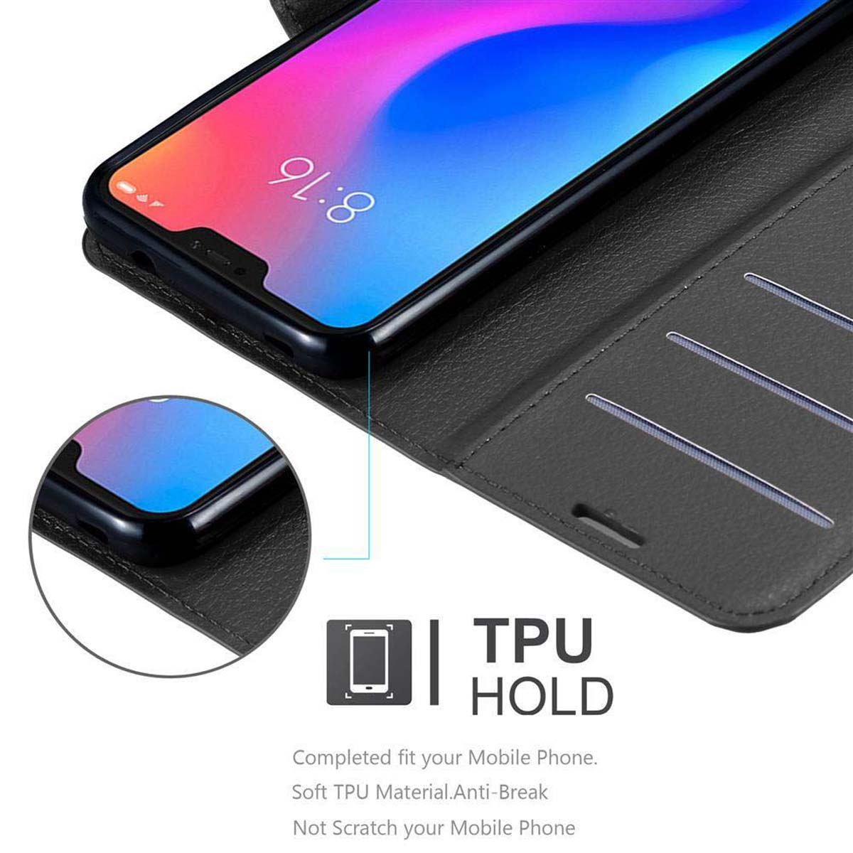 Un telefono è in una custodia grigia. La parte inferiore della custodia mostra la presa TPU.
