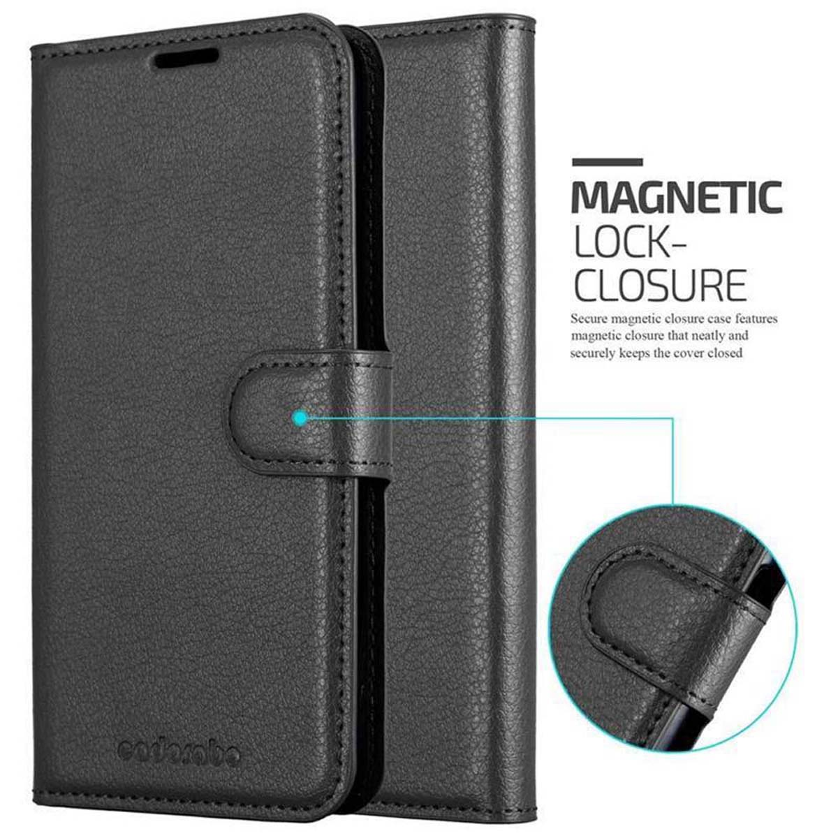 Custodia nera per telefono, chiusa, con chiusura magnetica. Testo: MAGNETIC LOCK-CLOSURE.