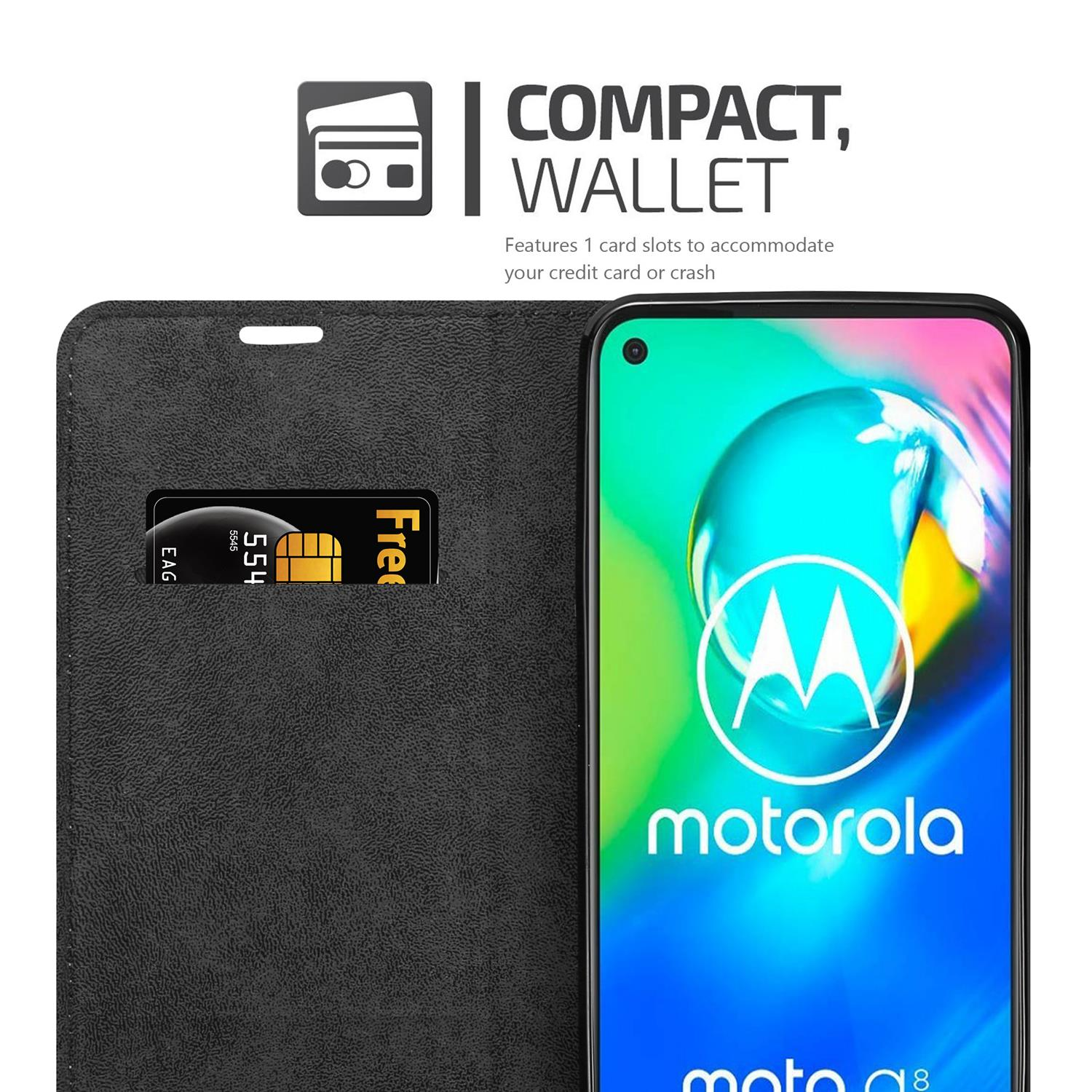 Una custodia per telefono nera, aperta, che rivela un telefono e uno slot per schede con una scheda.