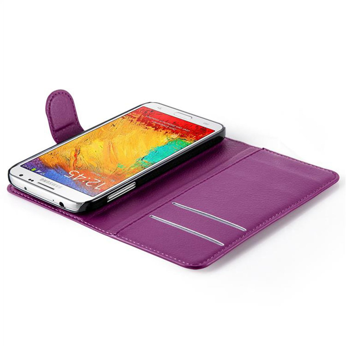 Violette Handyhülle offen, mit einem Telefon darin. Das Etui hat Kartenfächer und ein Telefon.