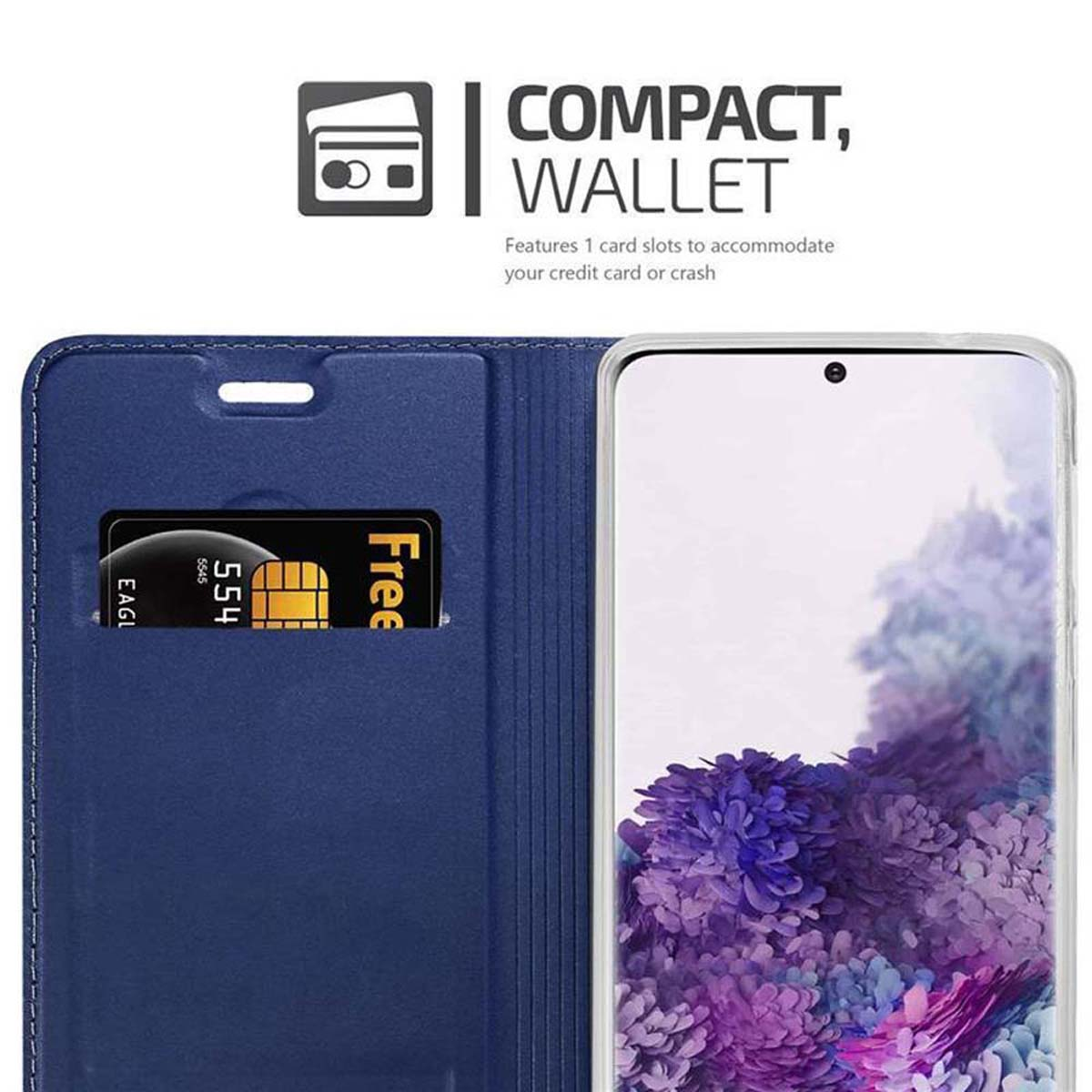 Custodia a portafoglio blu aperta con telefono. SIM visibile. Compatta.