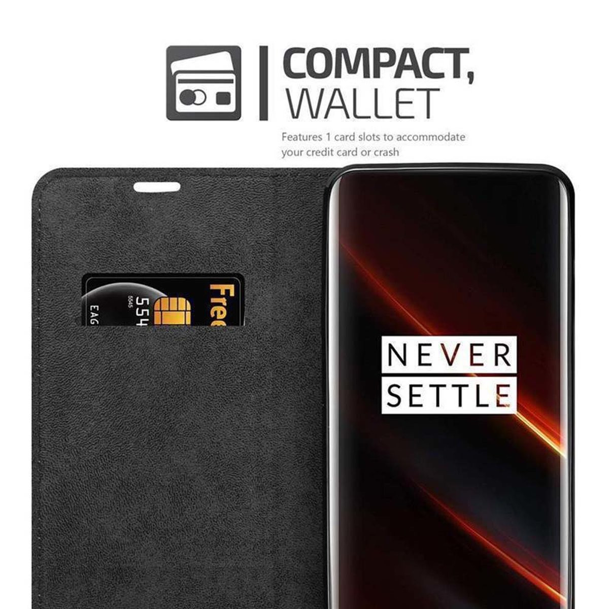Schwarze Handyhülle mit Kreditkartenfach, das eine Karte hält. Text: Kompakt, Geldbörse. Telefon zeigt Never Settle.