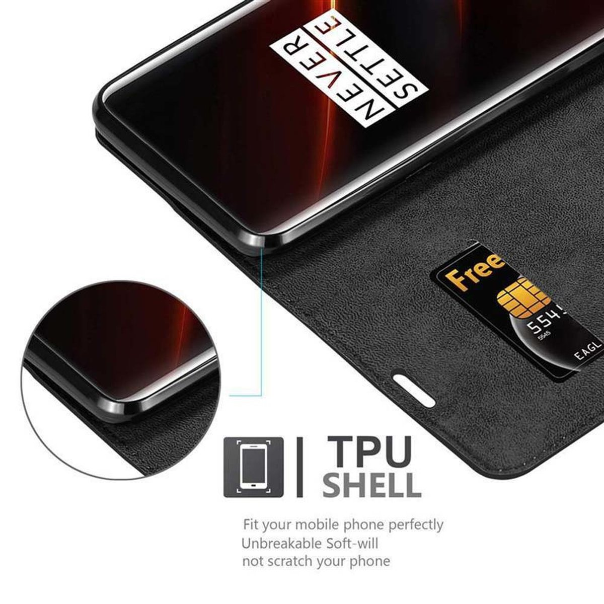 Schwarze Handyhülle mit Telefon im Inneren. Eine Freikarte ist sichtbar. Das Gehäuse ist eine TPU-Schale.