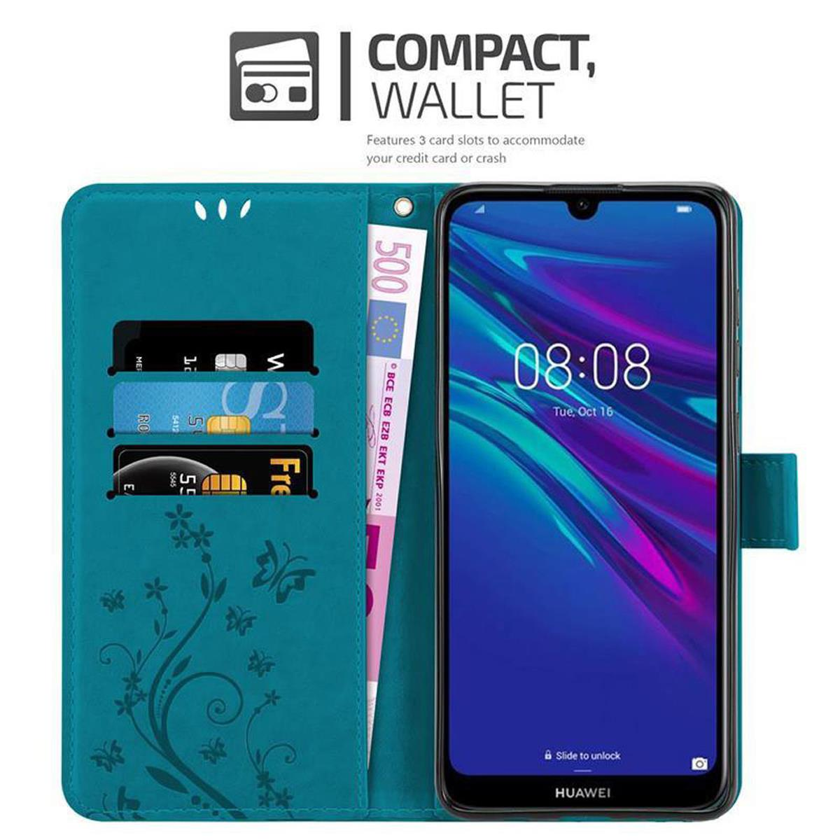 Custodia turchese, aperta, con carte e denaro. Schermo del telefono visibile. Etichetta portafoglio compatto.