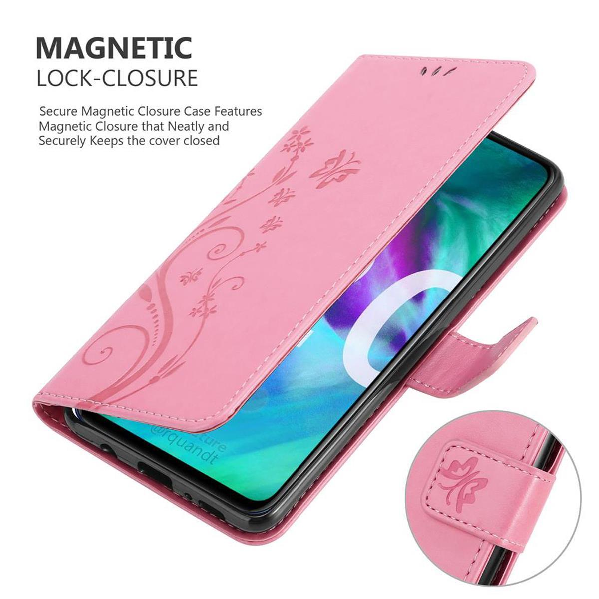 Offene rosa Handyhülle mit Telefon und Blumendesign, mit Magnetverschluss.
