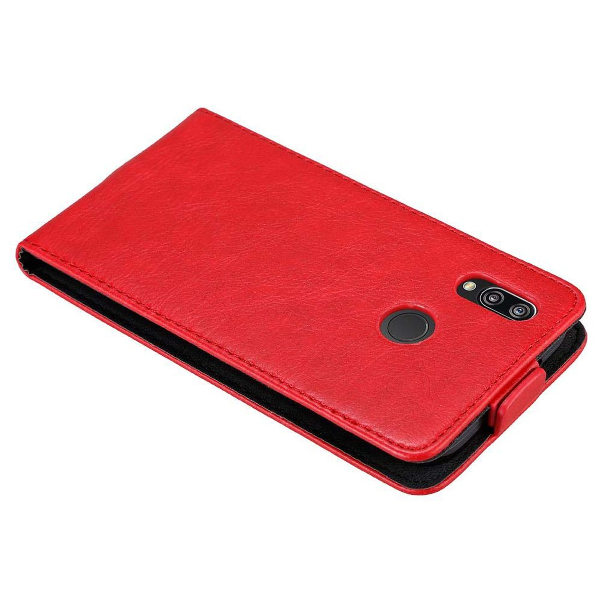 Custodia in pelle rossa con interno nero, aperta. Fotocamera del telefono visibile.