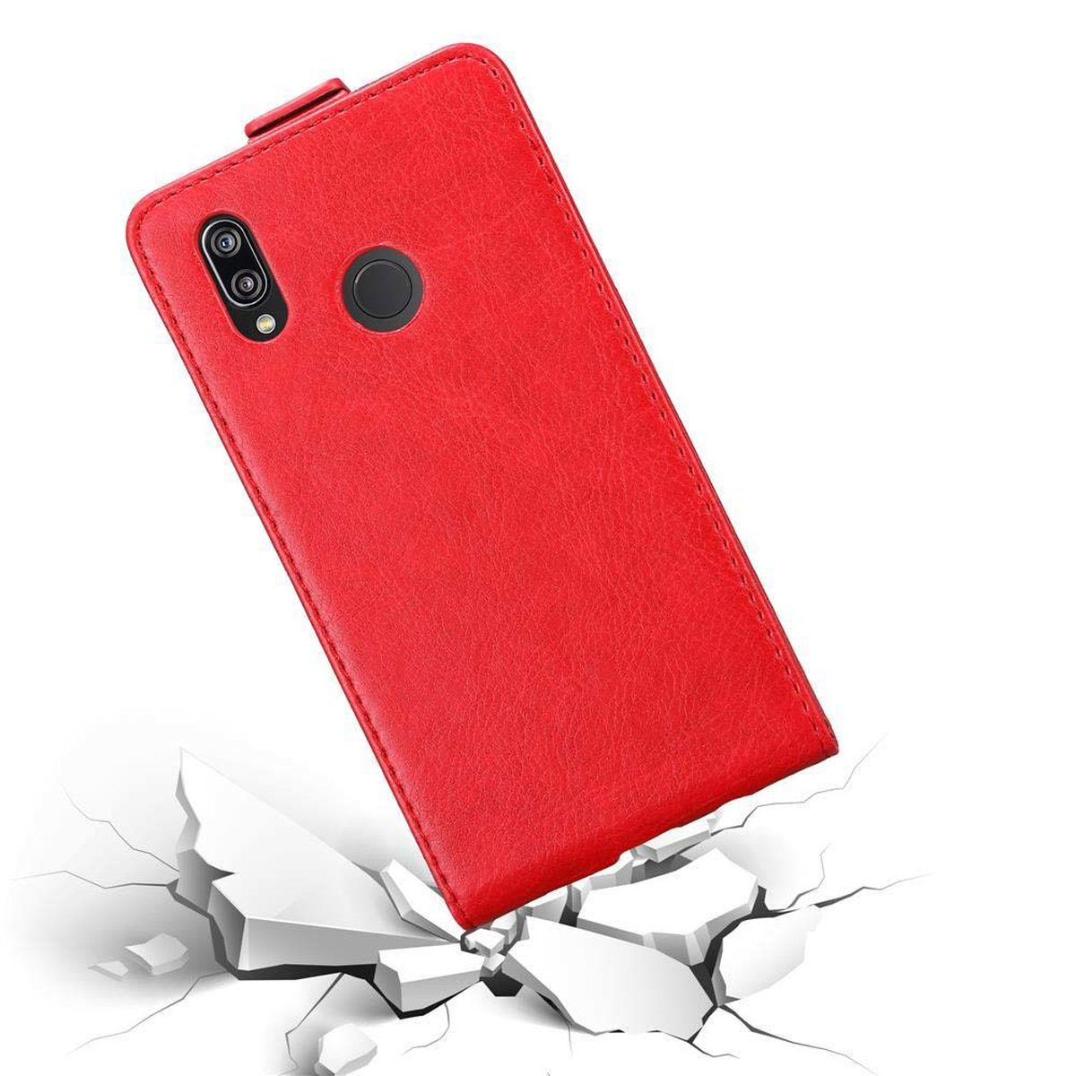 Custodia rossa per telefono su una superficie rotta con sfondo bianco.