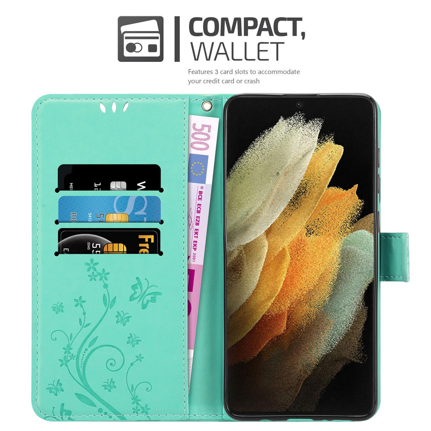 CADORABO Hülle Flower Samsung, Blumen Galaxy Bookcover, S21 TÜRKIS Case, ULTRA, Muster FLORAL