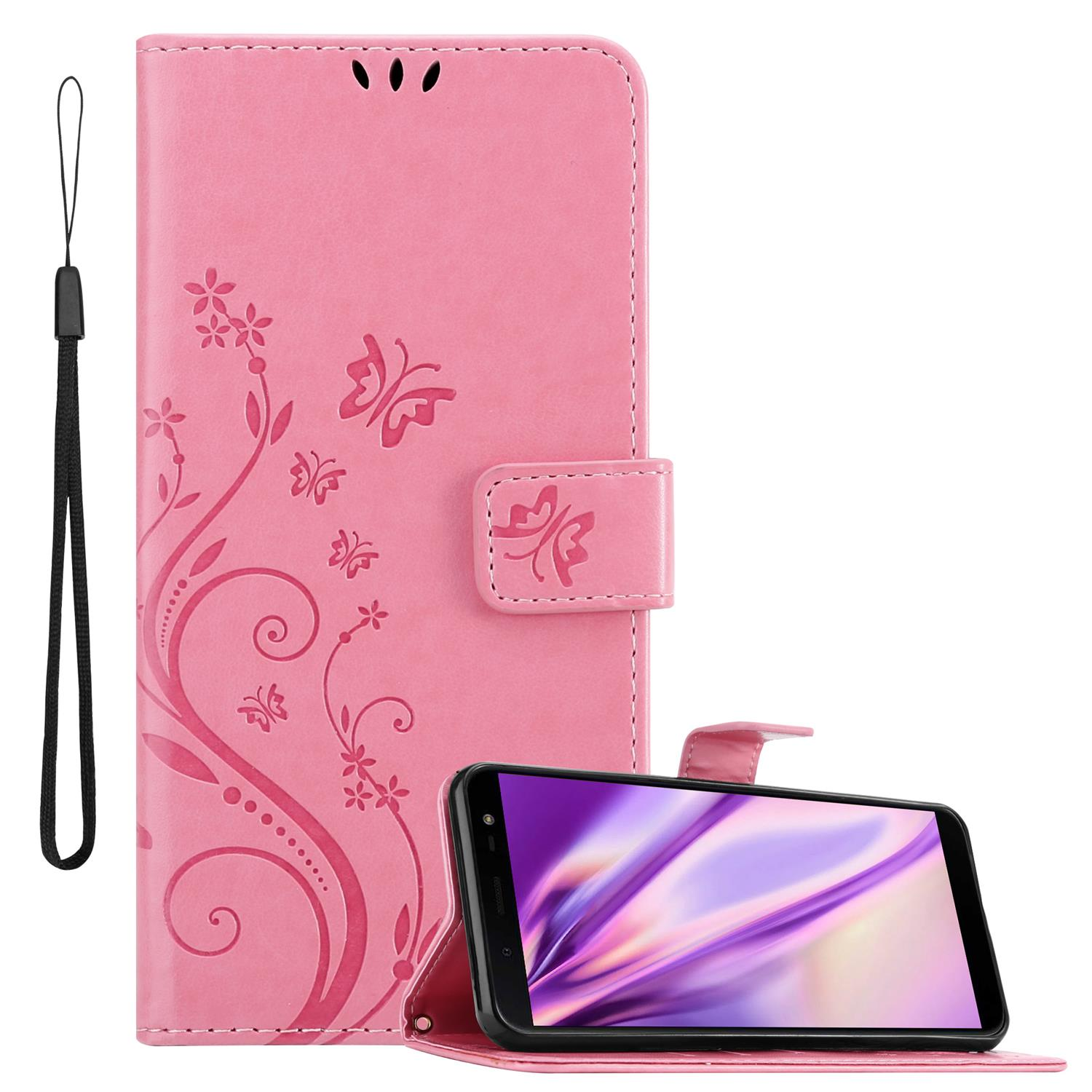 Rosa Handycase mit Blumen- und Schmetterlingsdetails, schwarzem Riemen und lila Bildschirm.