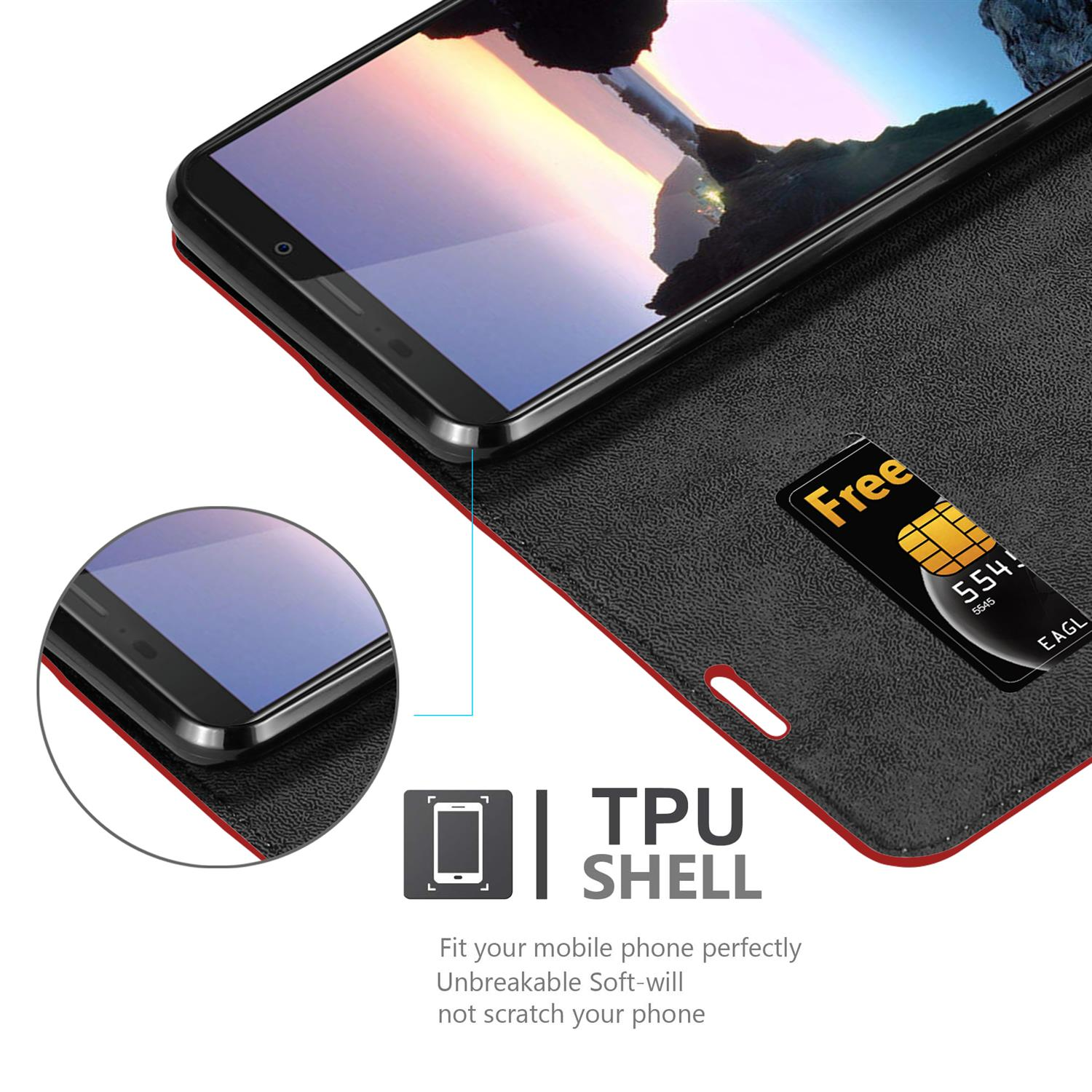 Un telefono all'interno di una custodia nera e rossa. Una carta di credito è visibile. Testo: Guscio in TPU, adatta perfettamente il tuo telefono.