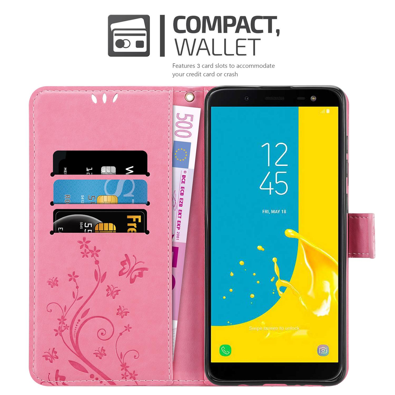 Offene pinke Handyhülle mit Telefon. Karten und Geld sichtbar. Text: 'Compact, Wallet'.