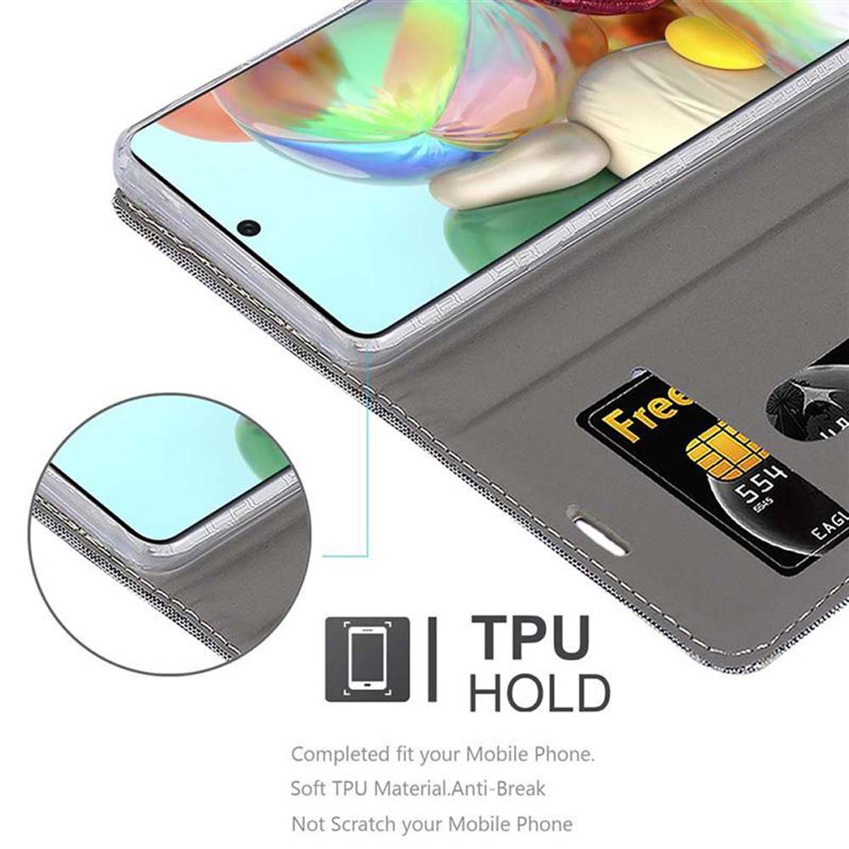 Custodia per telefono grigia aperta con un telefono. TPU HOLD stampato sotto. La custodia ha fessure per carte.