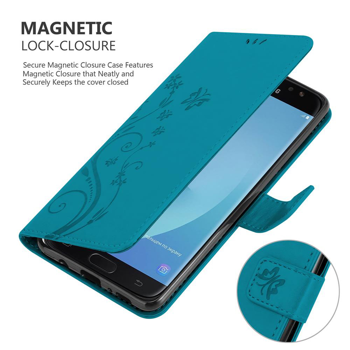 Una custodia per telefono aperta color verde acqua con un telefono all'interno. Design floreale sulla copertina.