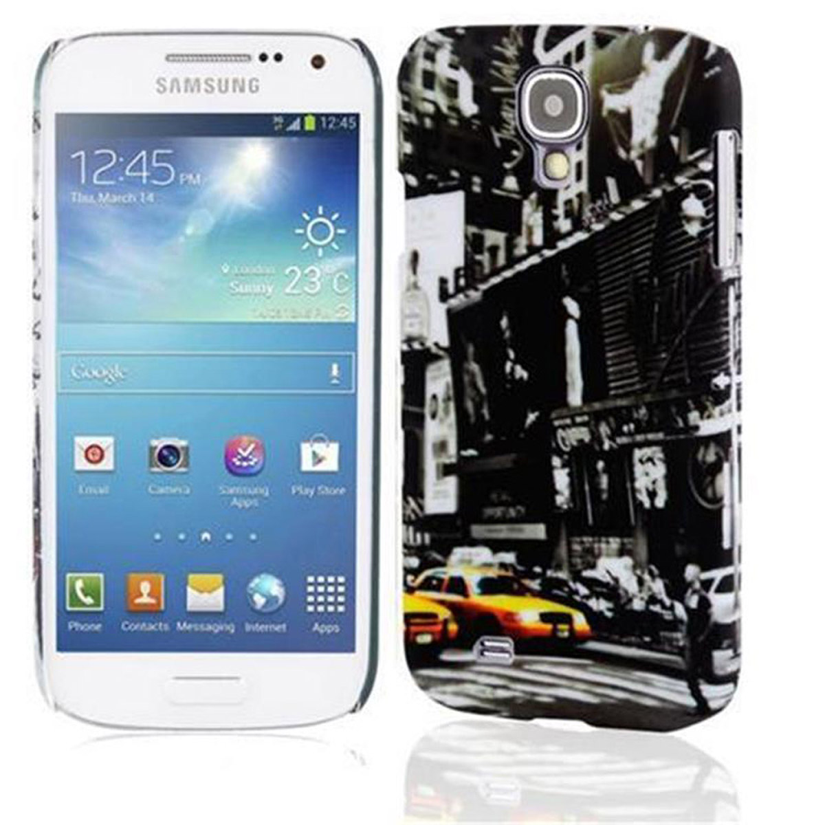 Weißes Samsung-Telefon mit Times-Square-Hülle, neben der offenen Hülle. Zeigt die Oberfläche des Telefons.