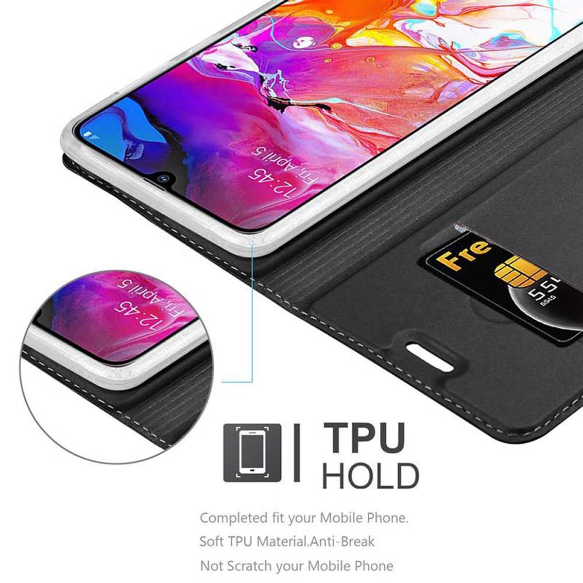 Telefono nero in custodia aperta, che mostra lo schermo del telefono, testo TPU HOLD.