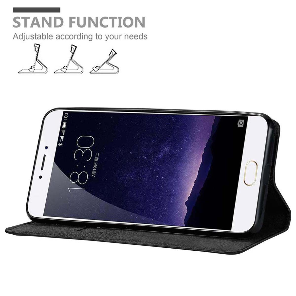 Eine schwarze Handyhülle mit einem Telefon darin, das einen Sternenhimmel als Hintergrundbild anzeigt.