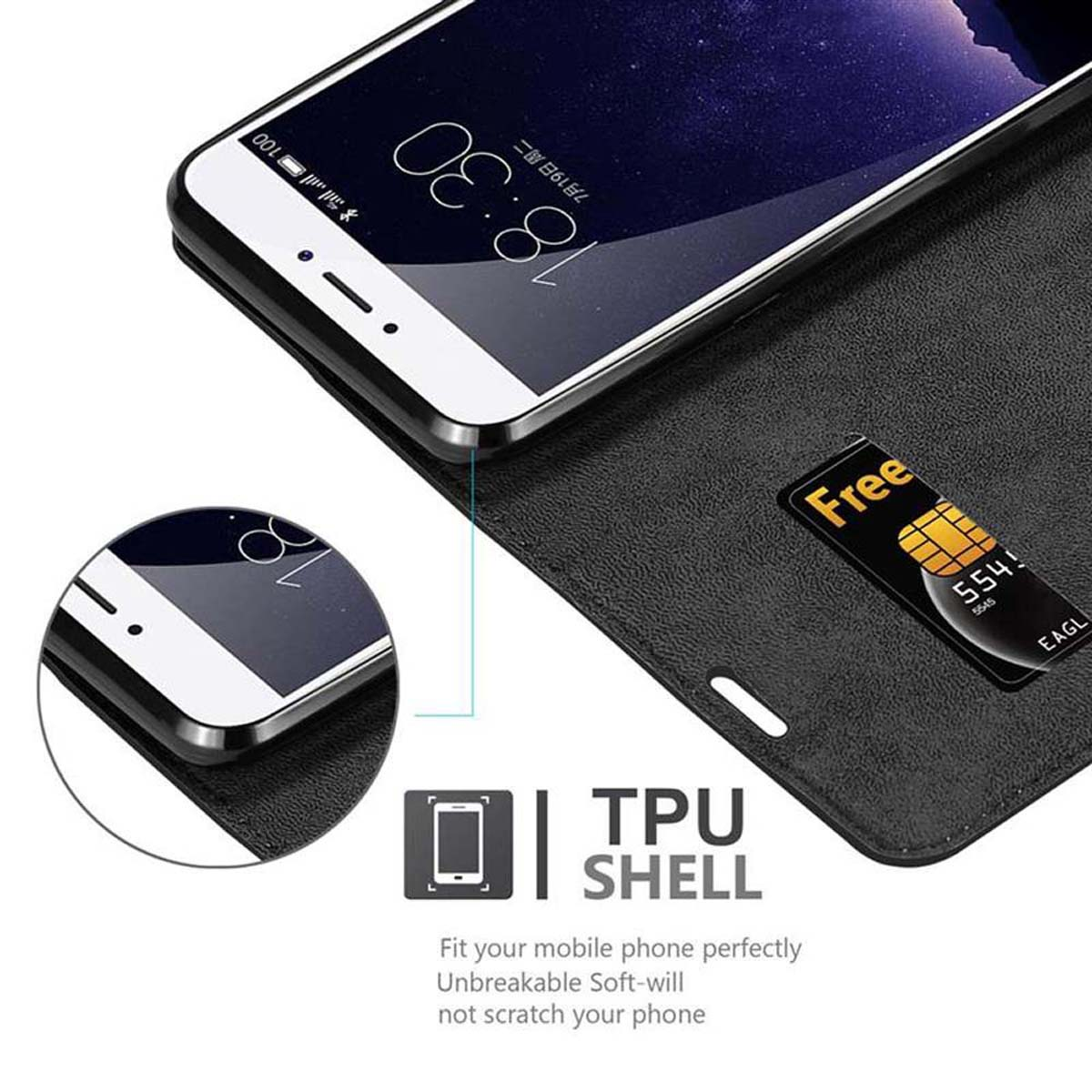 Schwarze Handyhülle geöffnet, um ein Telefon im Inneren zu zeigen. Eine Karte ist auch drin.