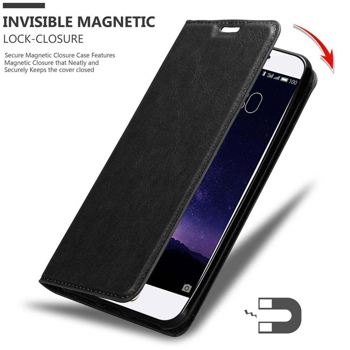 Geöffnete schwarze Handyhülle, zeigt Telefonbildschirm. Text: 'INVISIBLE MAGNETIC LOCK-CLOSURE'.