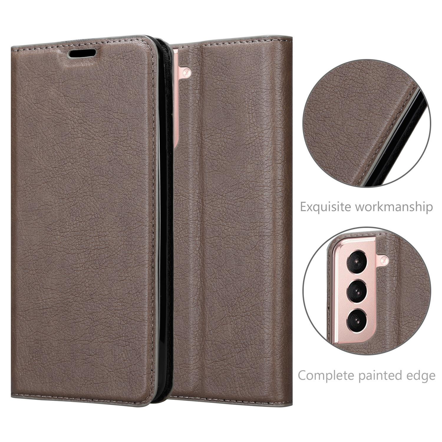 Étui de téléphone marron ouvert. L'étui est ouvert et montre le téléphone, avec des détails des coutures.