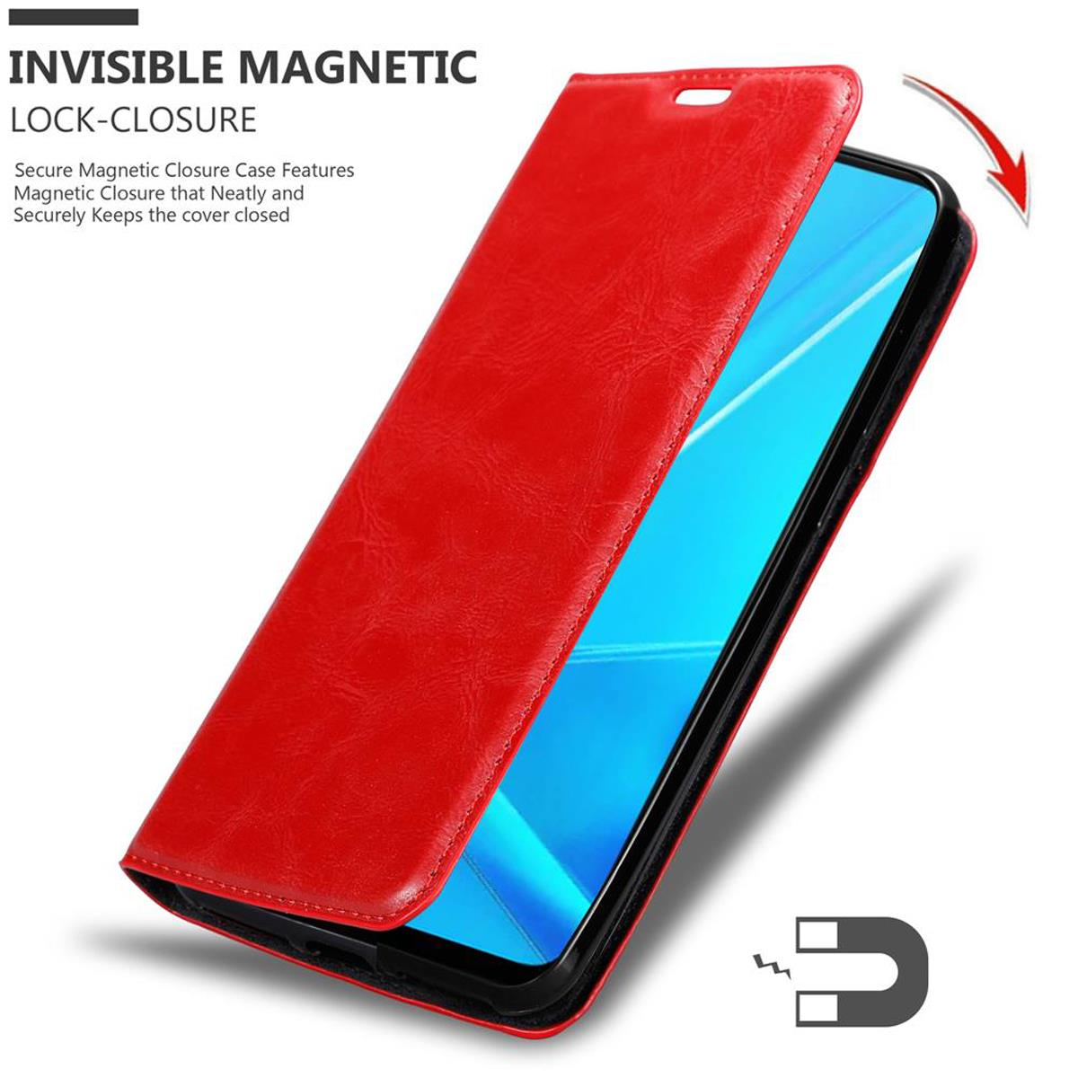 Rote Handyhülle mit geöffnetem Telefon. Die Hülle hat einen Magnetverschluss und zeigt den Bildschirm des Telefons.