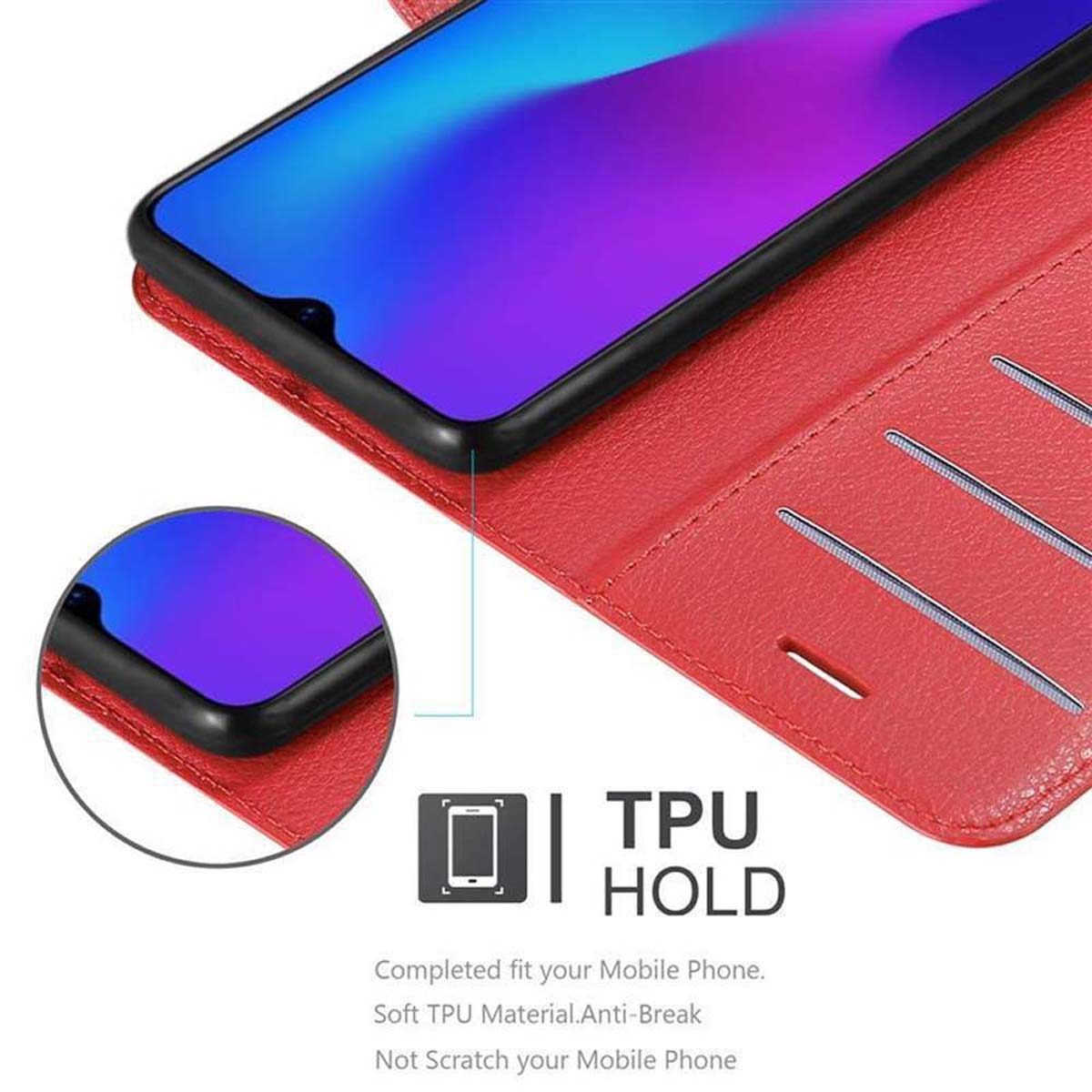 Custodia per telefono rossa aperta, che mostra un telefono all'interno. Testo in basso: TPU HOLD.
