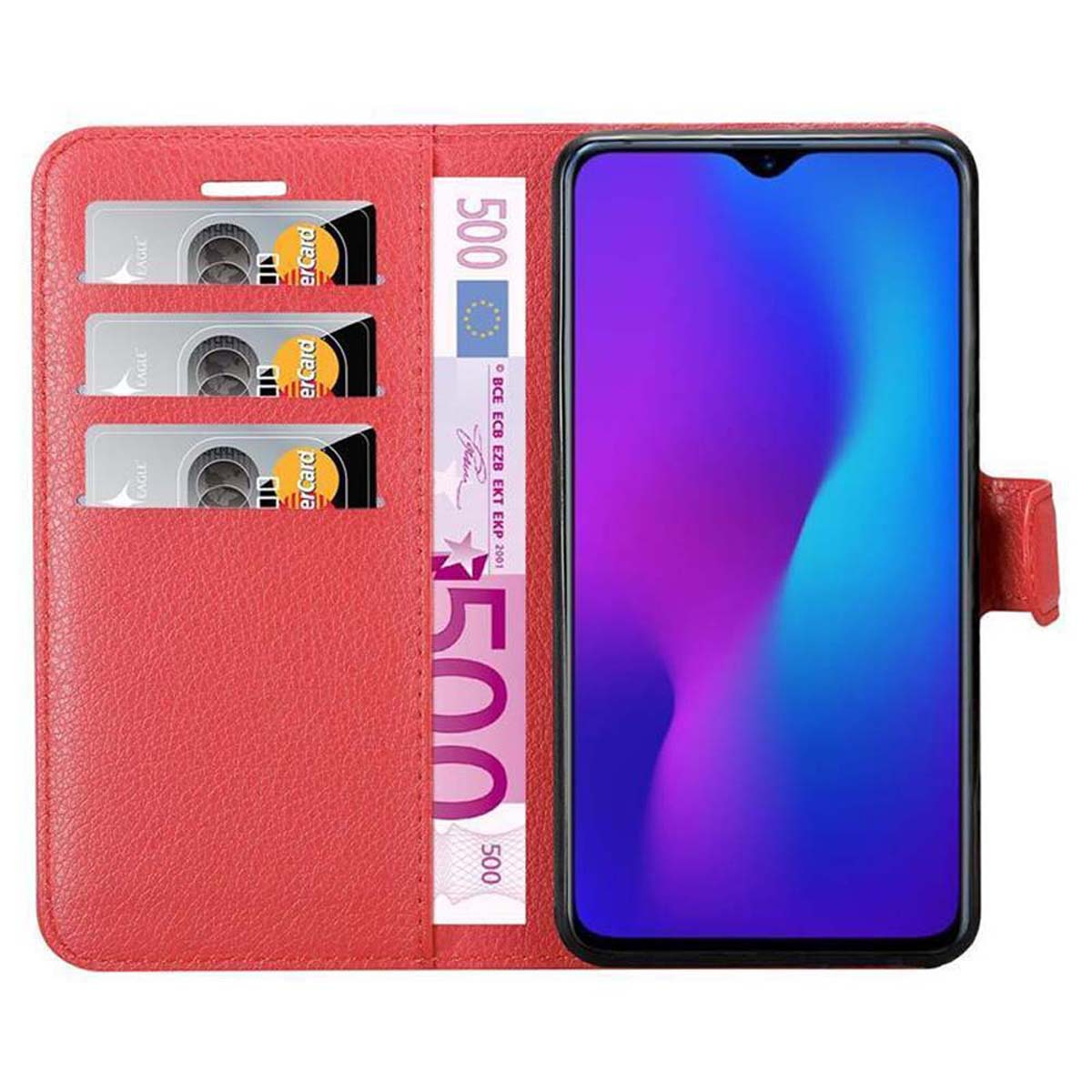Custodia per telefono rossa con fessure per carte e smartphone con display blu e viola.