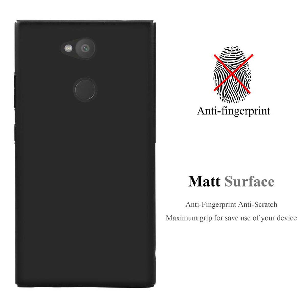 Schwarze Telefon-Rückseite. Anti-Fingerabdruck, matte Oberfläche. Keine Fingerabdrücke sichtbar.