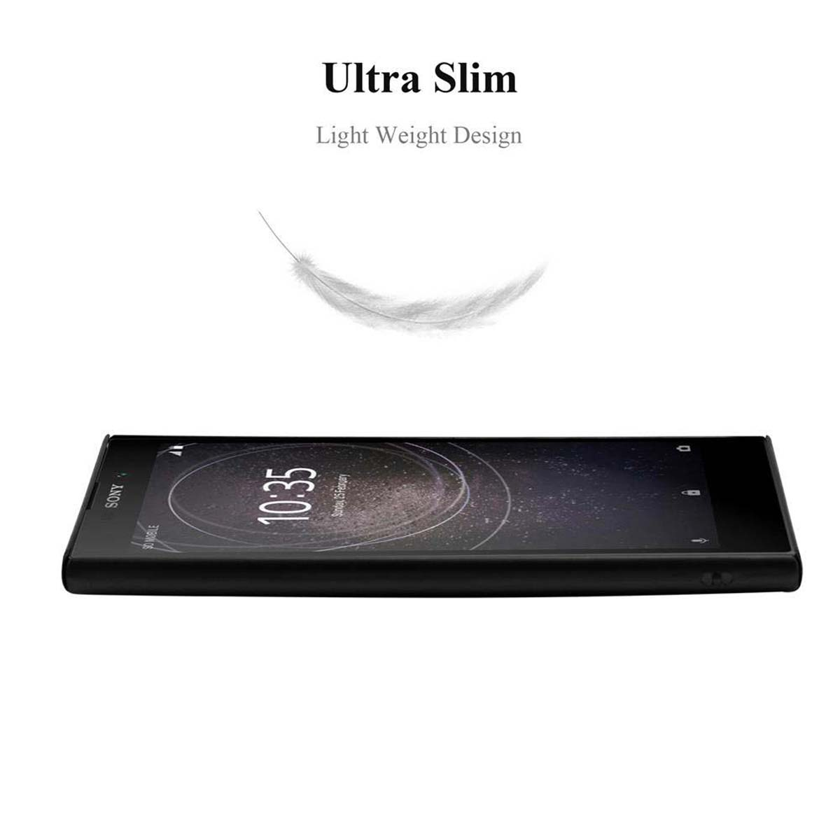 Schwarzes Telefon mit eingeschaltetem Bildschirm. Leichte Bauweise.