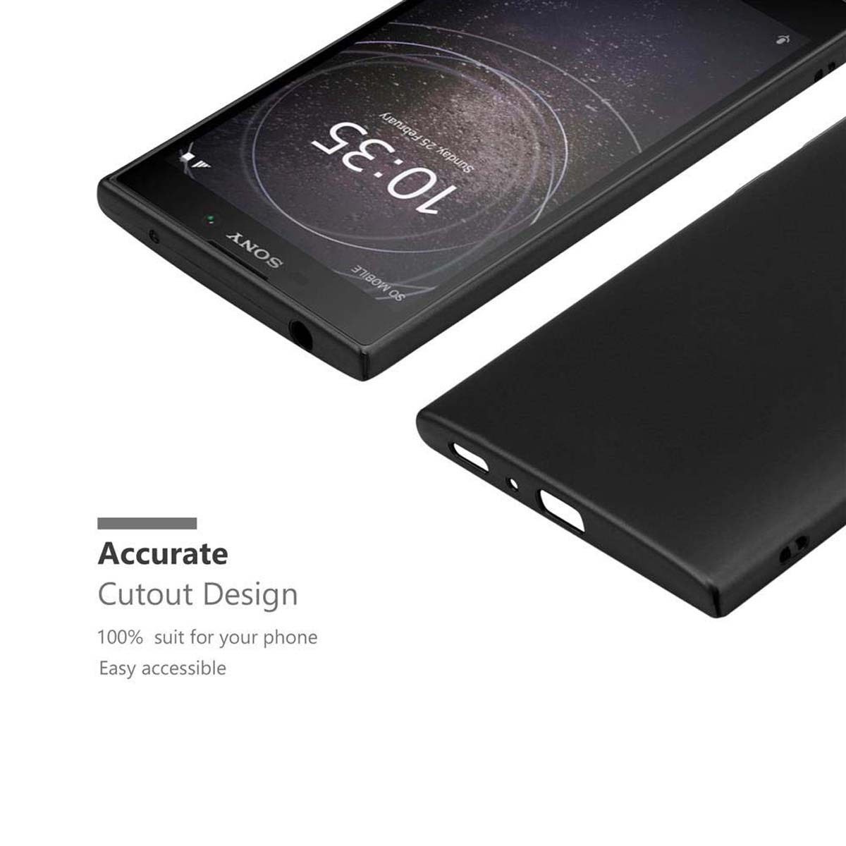 Schwarzes Telefon mit schwarzer Hülle. Der Bildschirm zeigt die Uhrzeit.