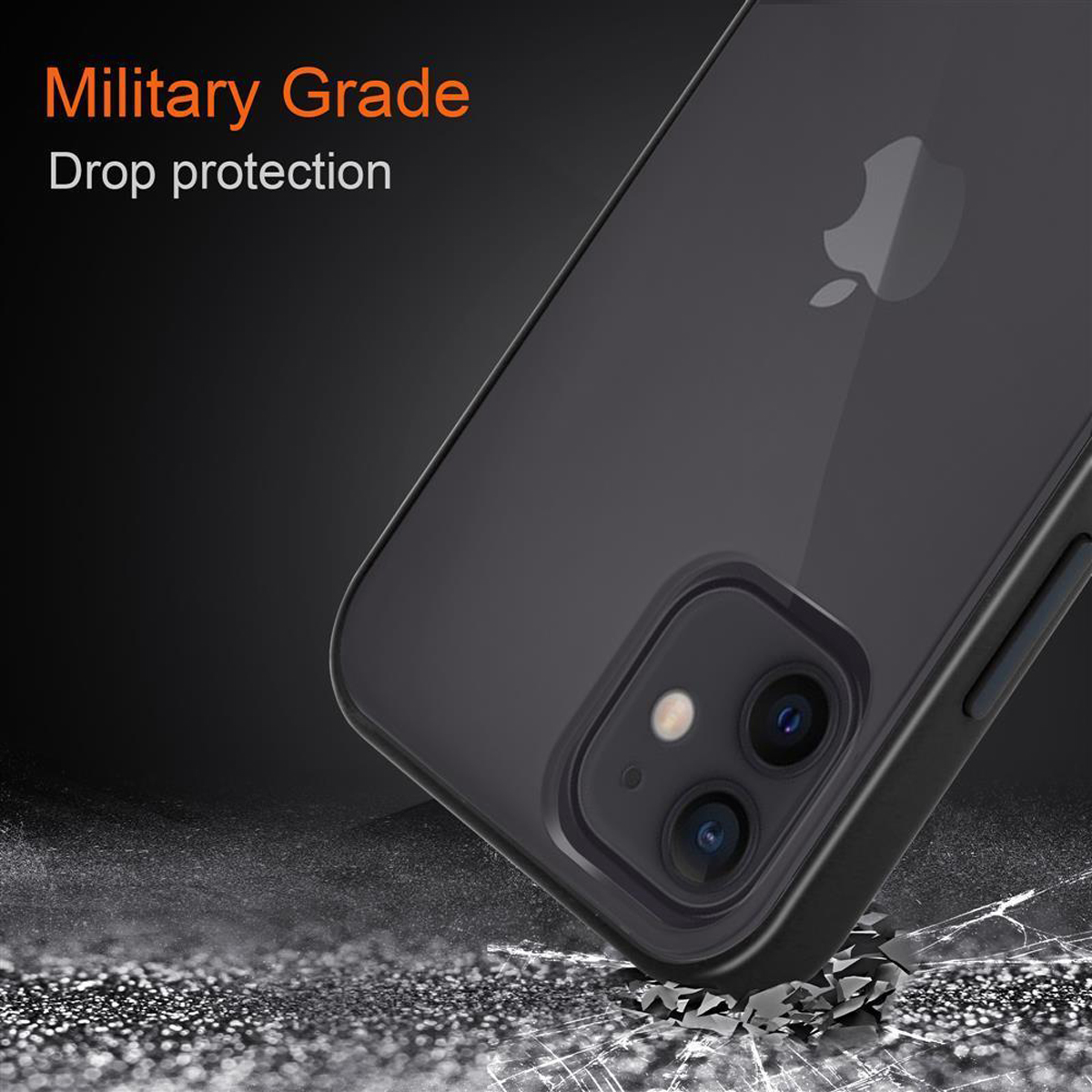 Custodia per telefono su una superficie con una crepa, nera. Il testo dice Military Grade. Protezione dalle cadute.