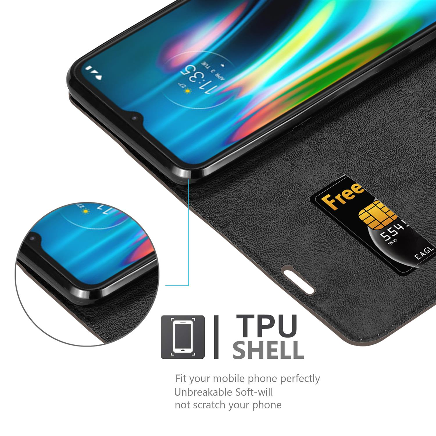 Un telefono all'interno di una custodia nera e rossa. Una carta di credito è visibile. Testo: Guscio in TPU, adatta perfettamente il tuo telefono.
