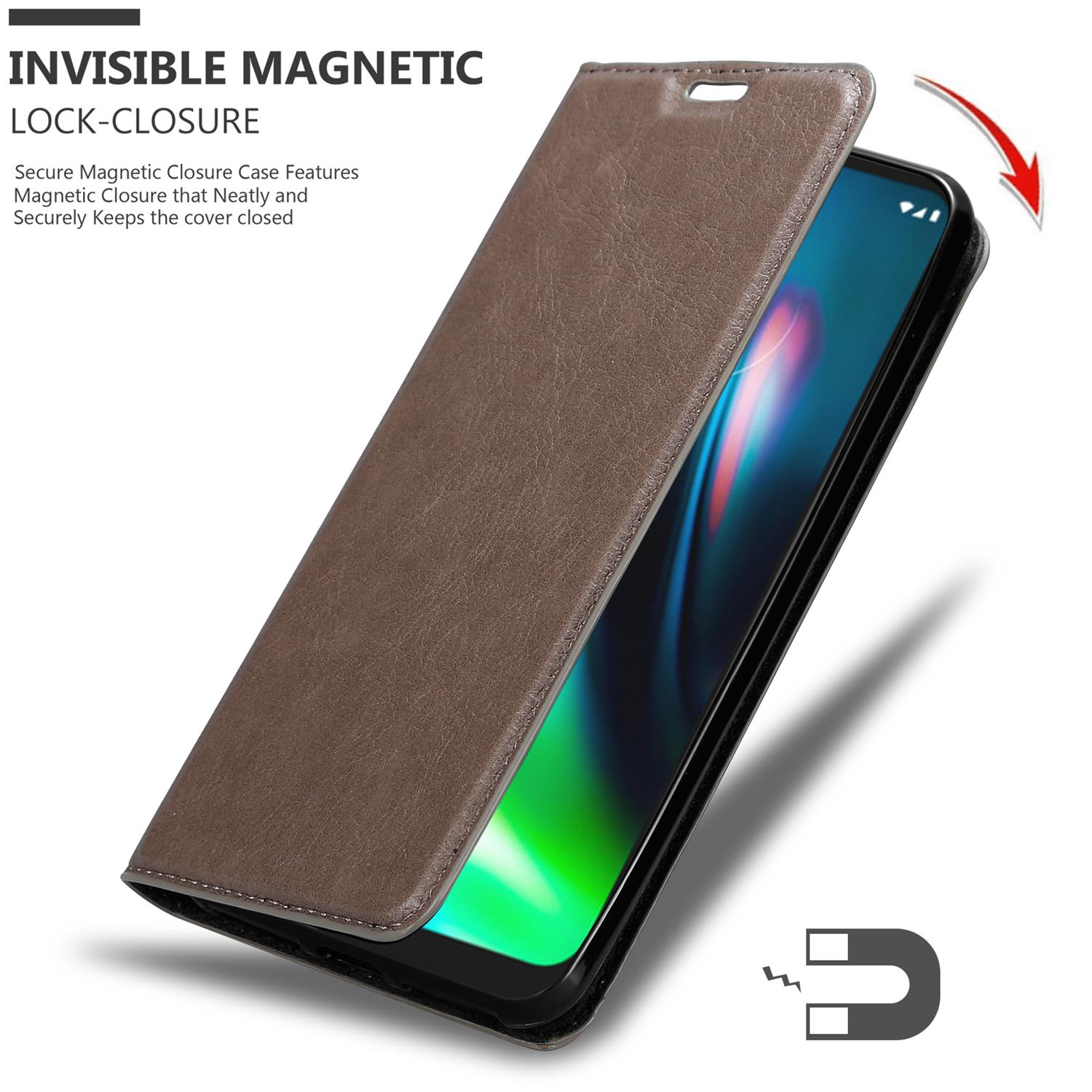 Custodia marrone per telefono aperta, che rivela il telefono. Chiusura magnetica. Bianco.