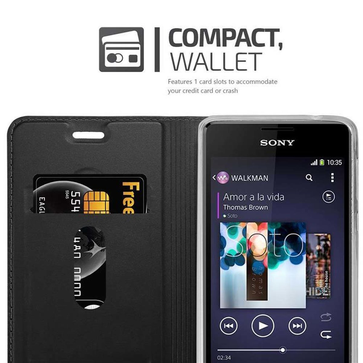 Teléfono negro en una funda abierta. La pantalla muestra la aplicación de música. Tiene una cartera compacta con ranuras para tarjetas.