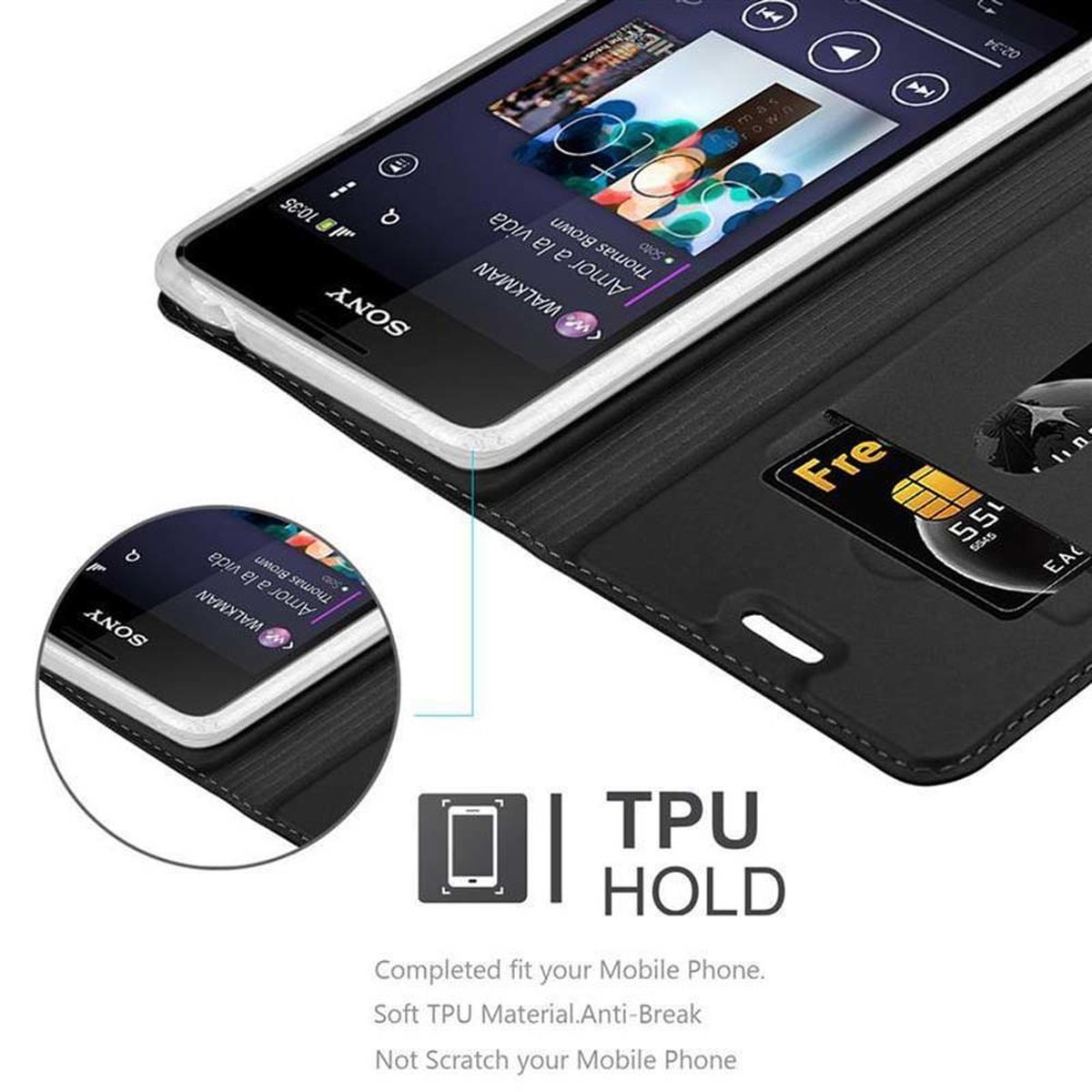 Teléfono en una funda negra con una tarjeta. Muestra la pantalla del teléfono. La funda está abierta.