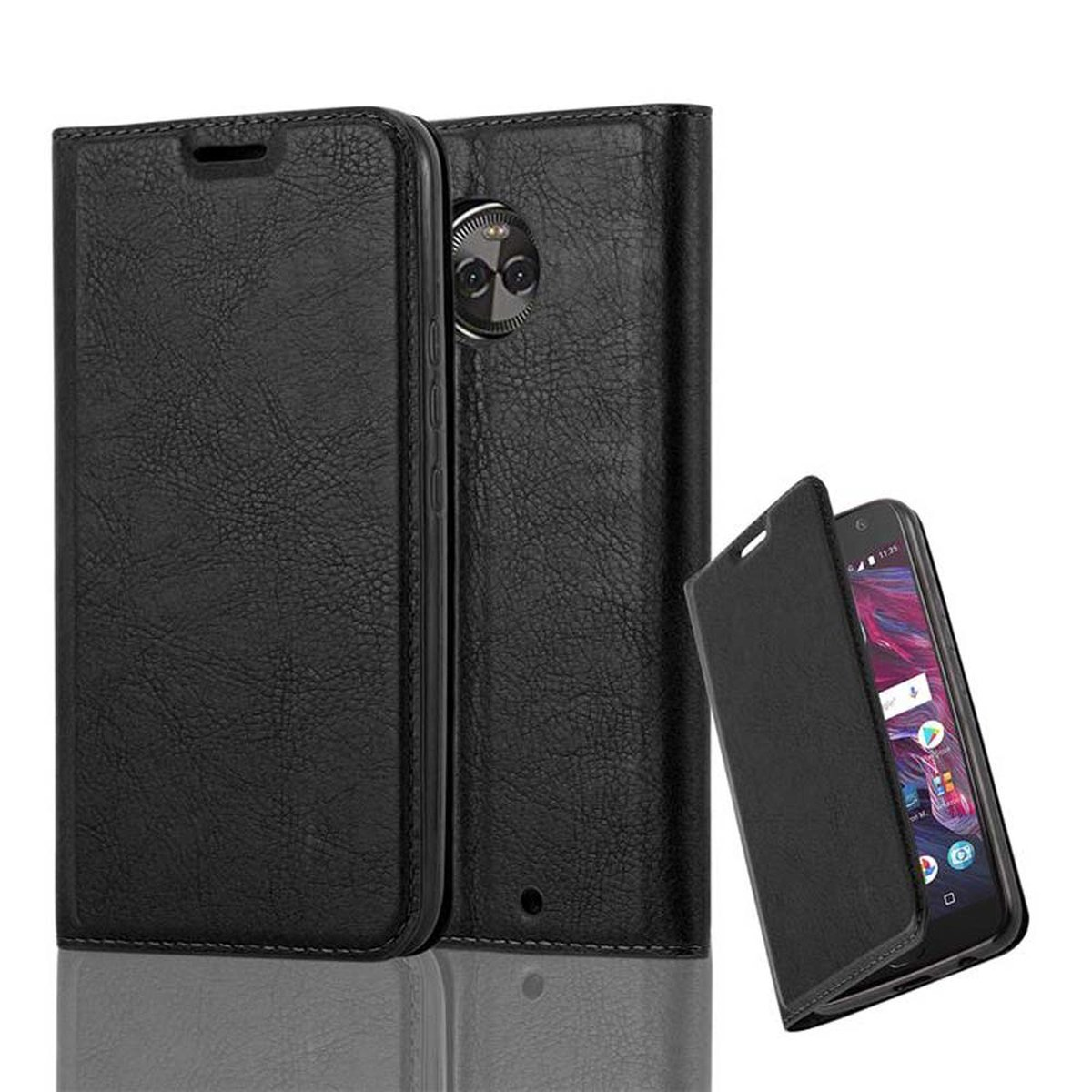 Schwarze Leder-Handyhüllen. Eine mit Telefon und offen, die andere geschlossen. Beide auf weißem Hintergrund.