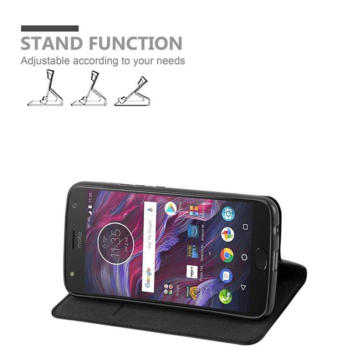 Telefon in schwarzer Hülle, offen mit Ständer. Das Telefon zeigt die Google-Suchoberfläche.