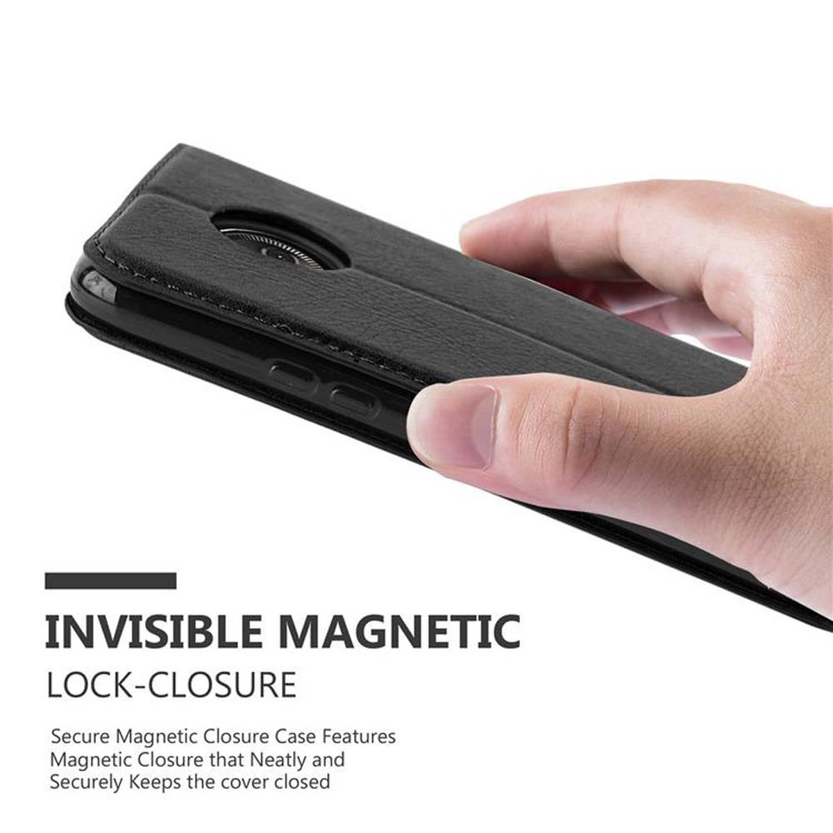 Hand hält eine schwarze Handyhülle. Text weist auf unsichtbaren Magnetverschluss hin.