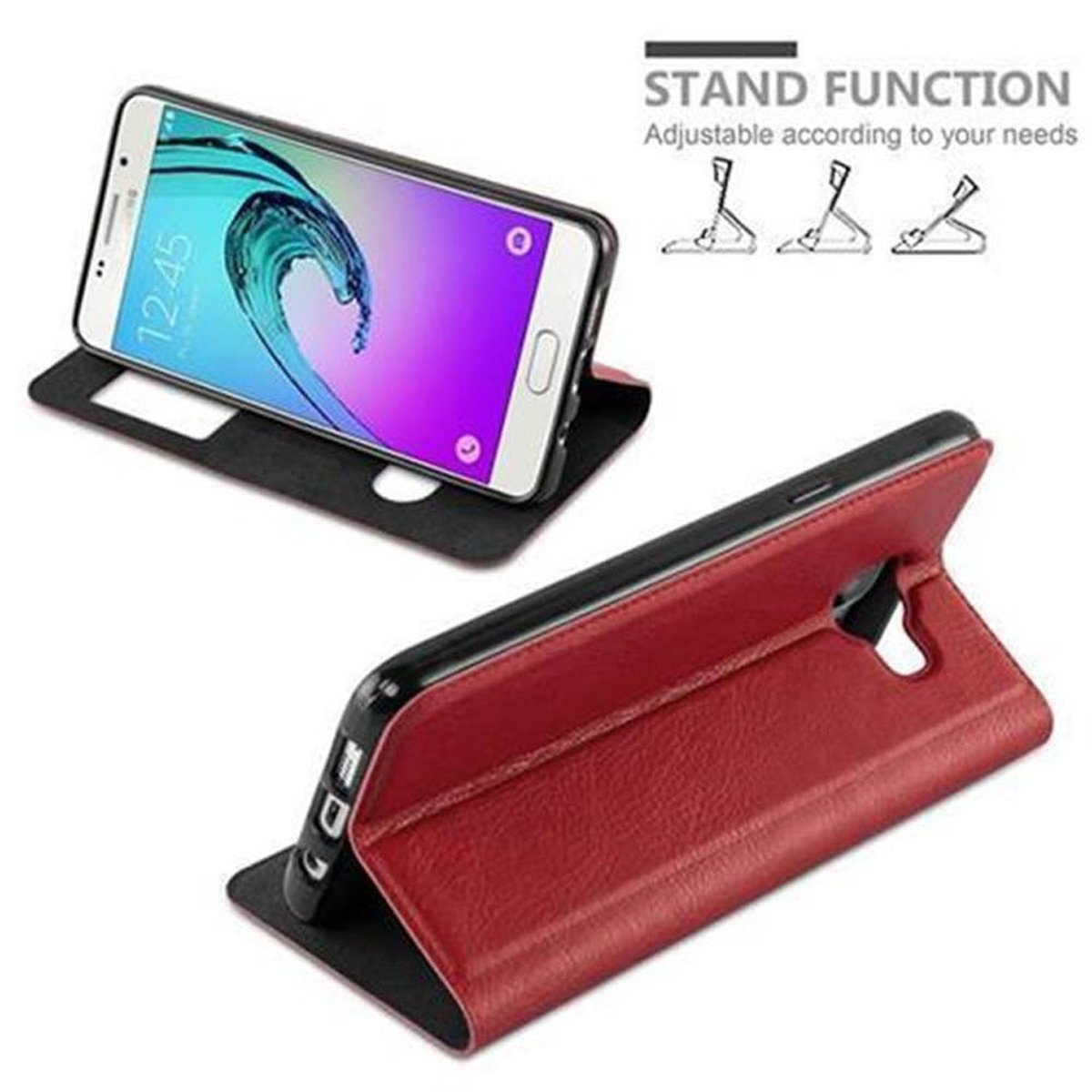 Funda roja para teléfono, mostrando el teléfono en función de soporte. El teléfono está en la funda. Soporte.