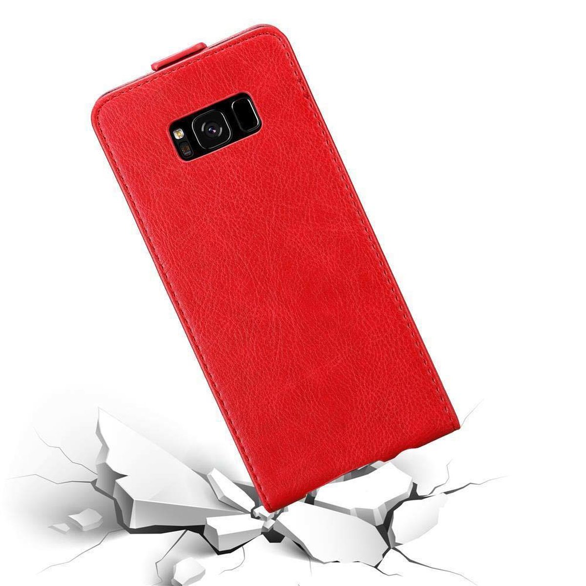 Custodia rossa, il telefono è inclinato, con terreno crepato sotto.
