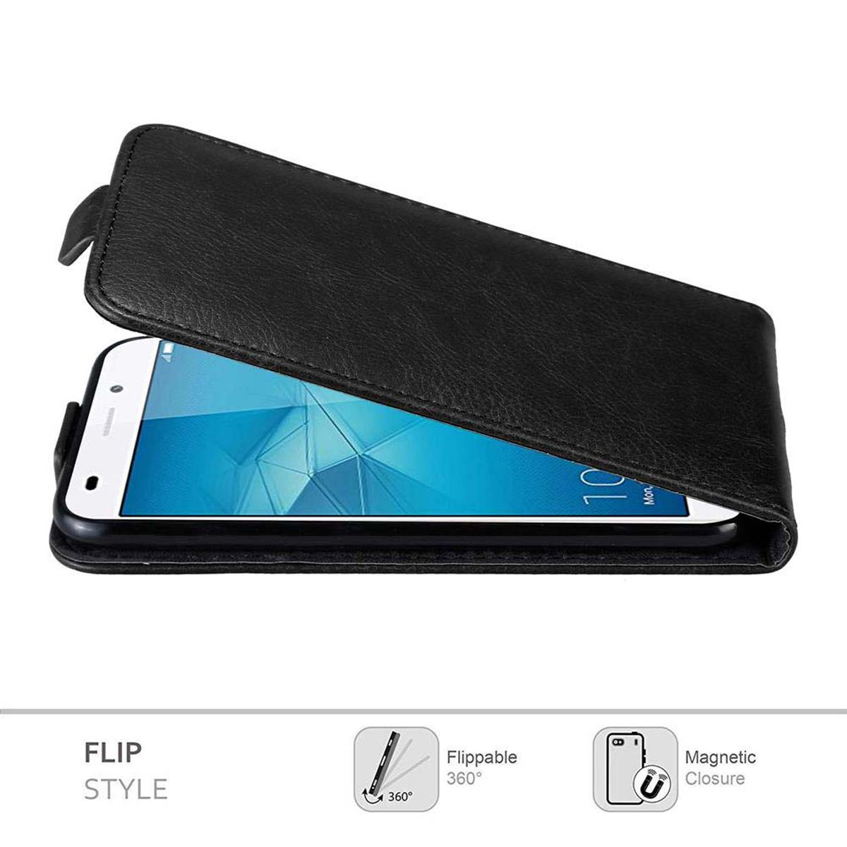 Custodia nera aperta con telefono all'interno. Stile flip, chiusura magnetica.