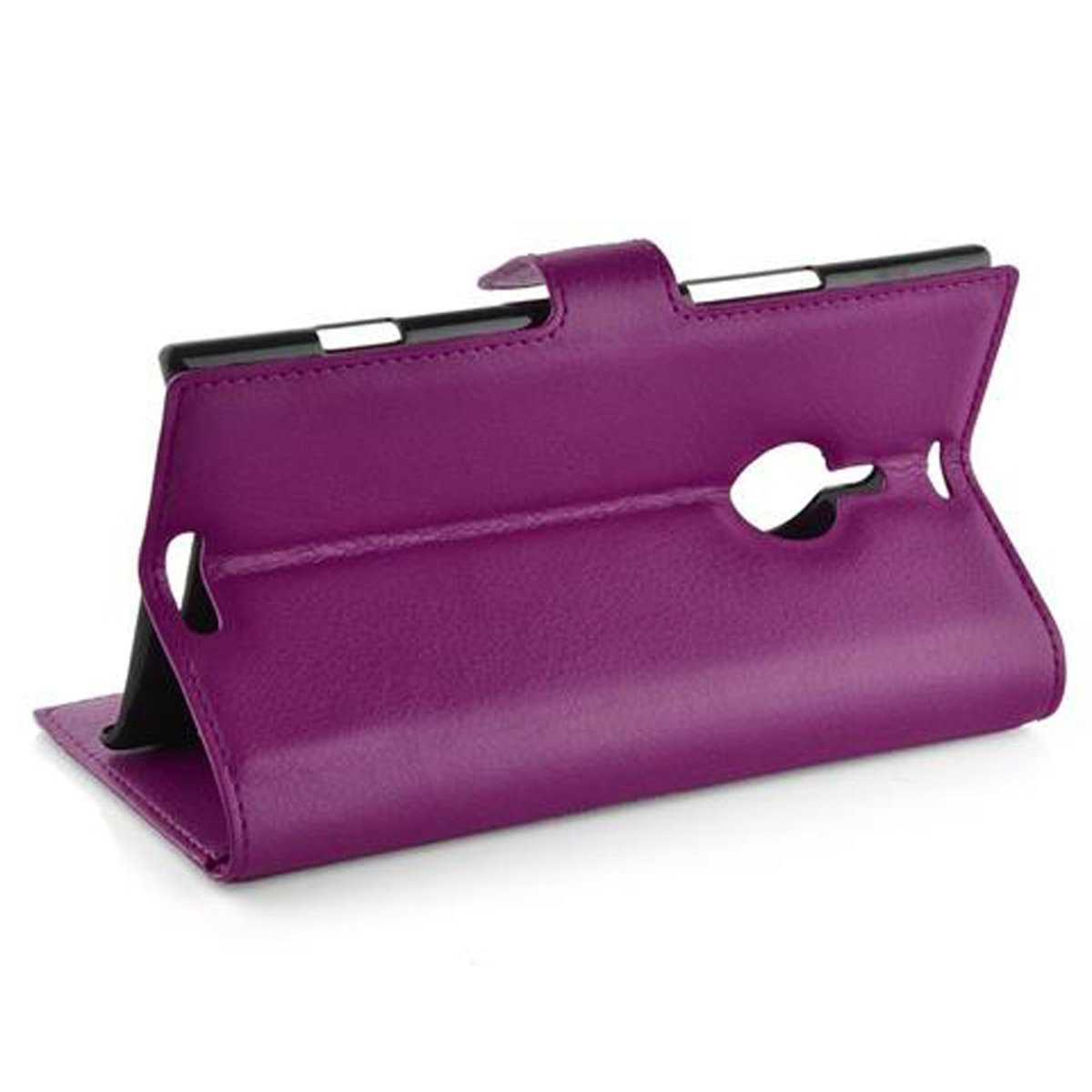 Custodia per tablet viola. È aperta e in modalità supporto, con un tablet all'interno.