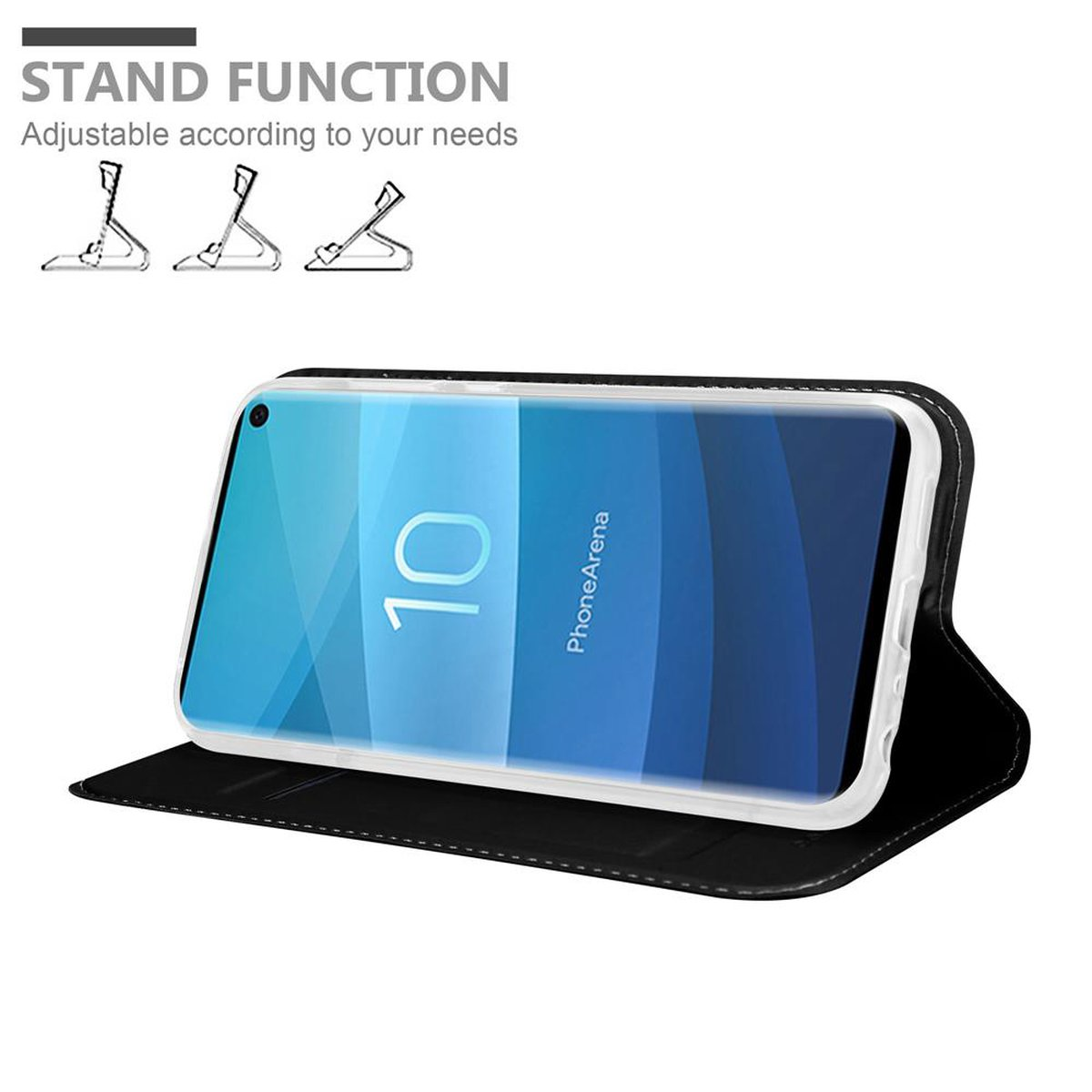 Schwarze Handyhülle mit Telefon, das aufrecht steht. Text: Standfunktion.