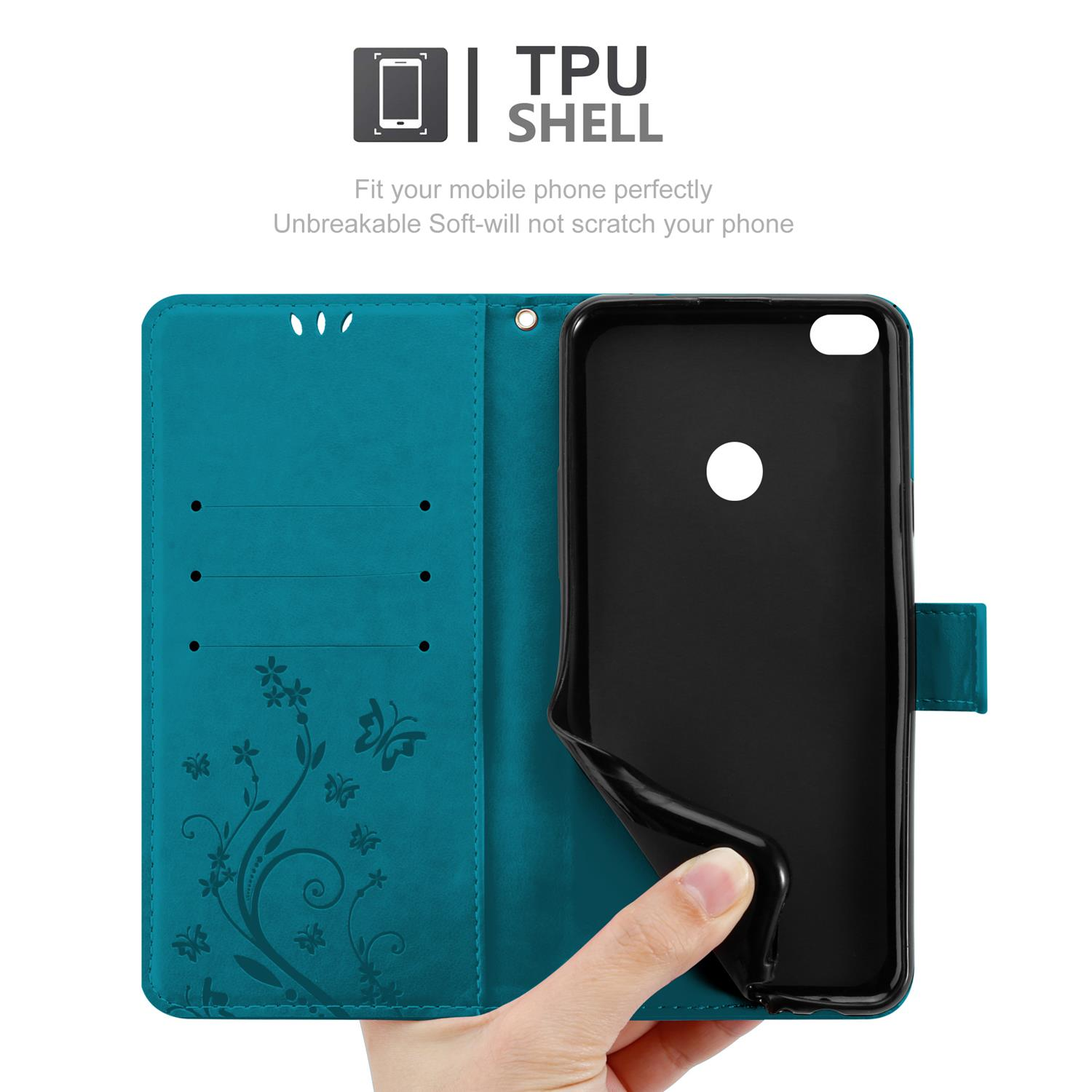 Custodia per telefono turchese aperta per rivelare un telefono. Mano che tiene il telefono nero. Design floreale.