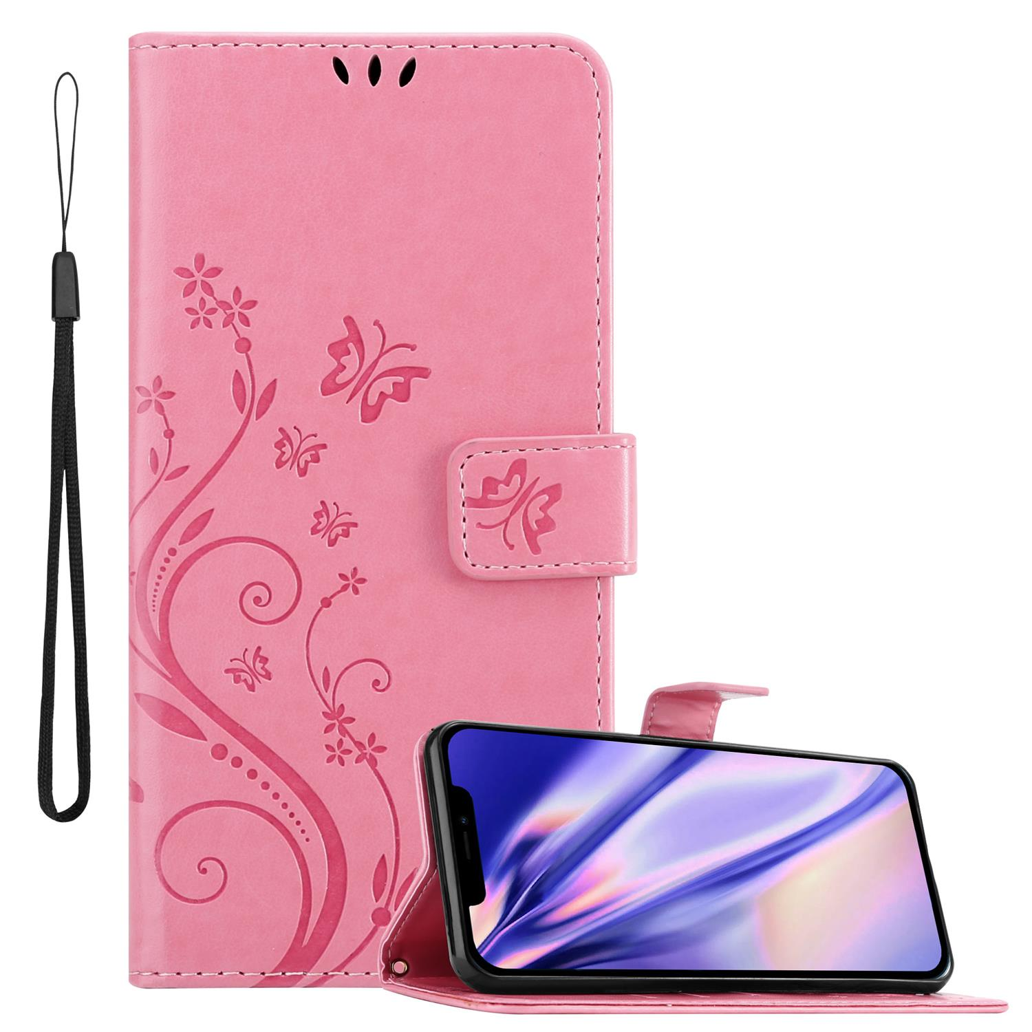 Rosa Handyhülle mit Blumendesign und Schmetterlingen, Telefon innen.