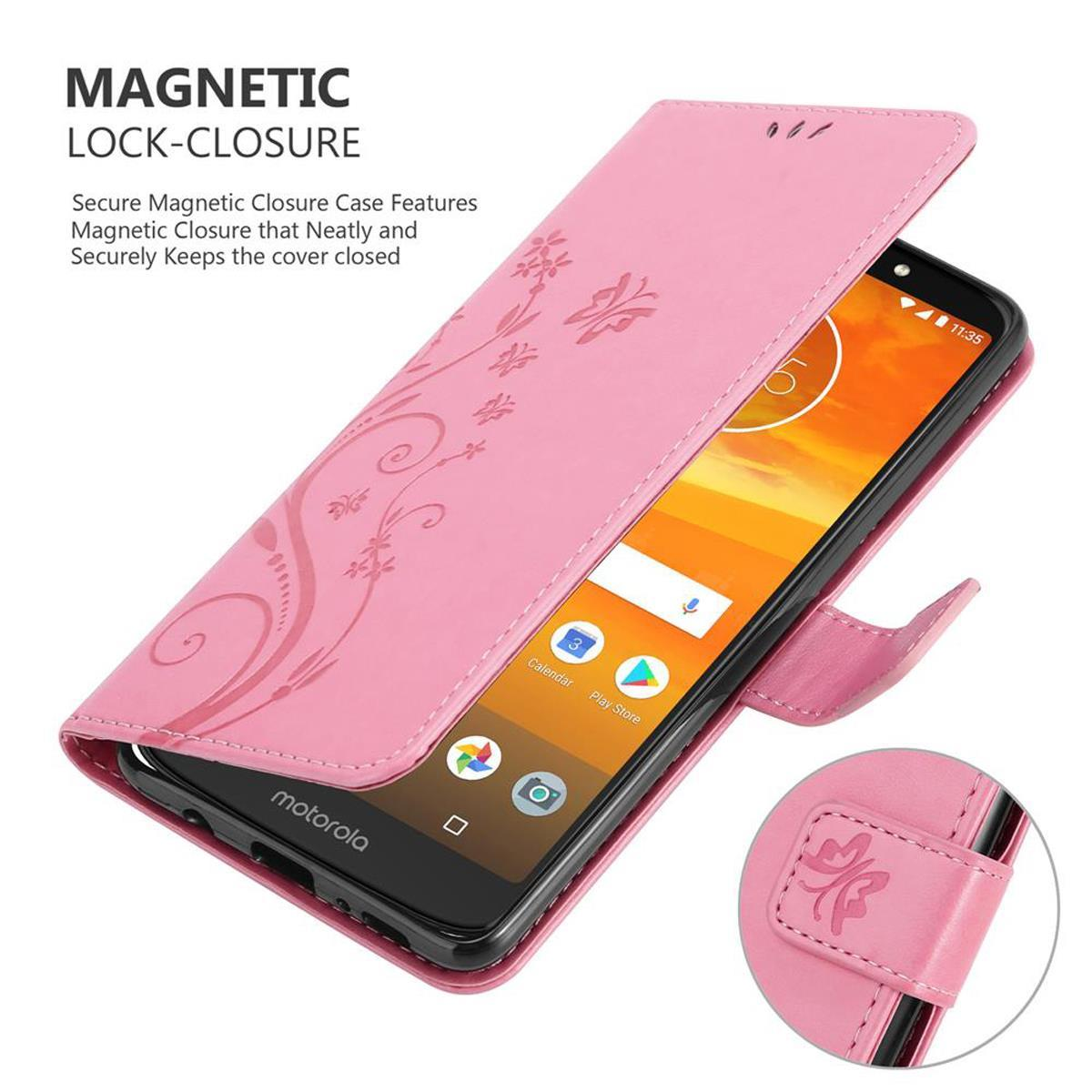 Una custodia per telefono rosa è aperta, rivelando lo schermo di un telefono. Il testo 'Magnetic Lock-Closure' è in alto.