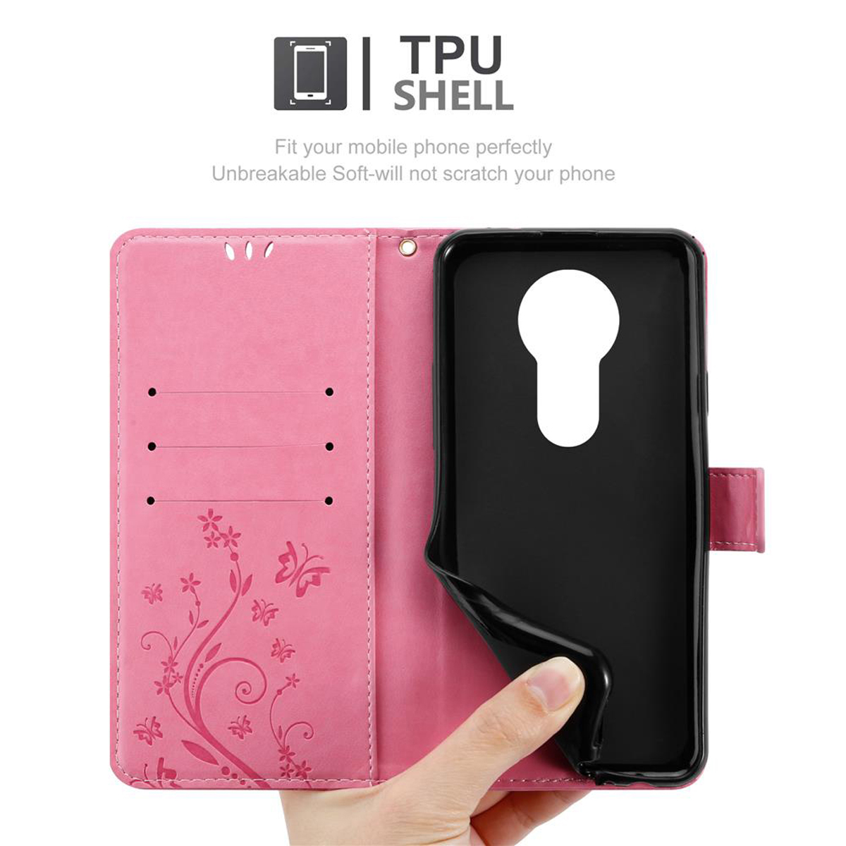 Custodia per telefono rosa aperta, che rivela un supporto per telefono nero. Design floreale a sinistra, con fessure per carte.