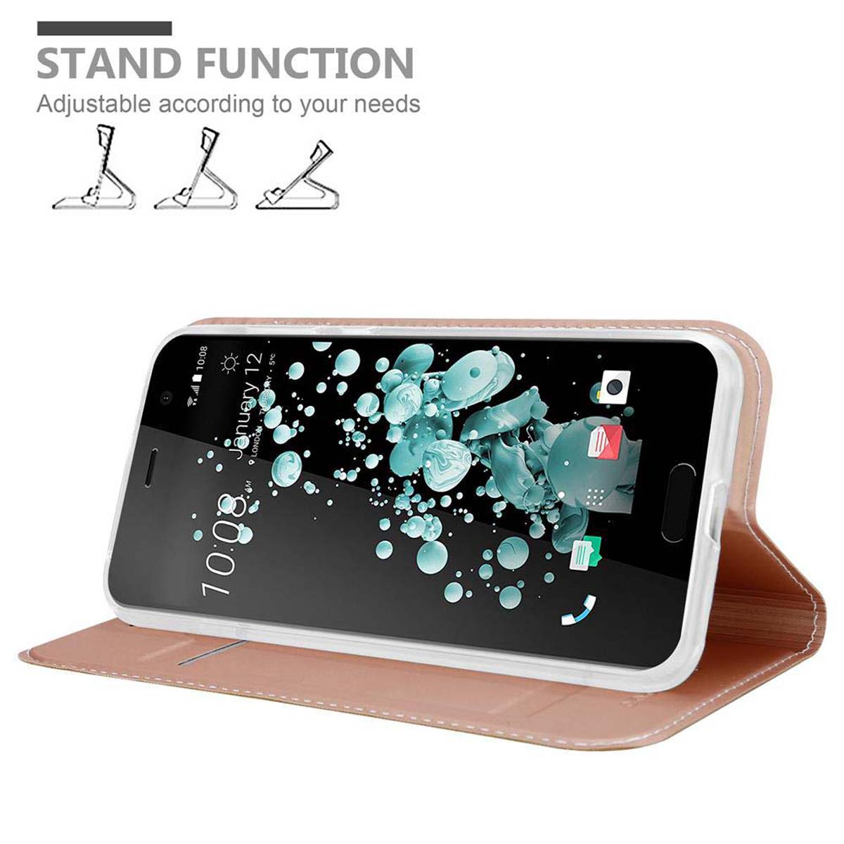 Ein Telefon in einer Hülle ist geöffnet. Die Hülle liegt auf einer Oberfläche, mit Standfuß-Symbolen.